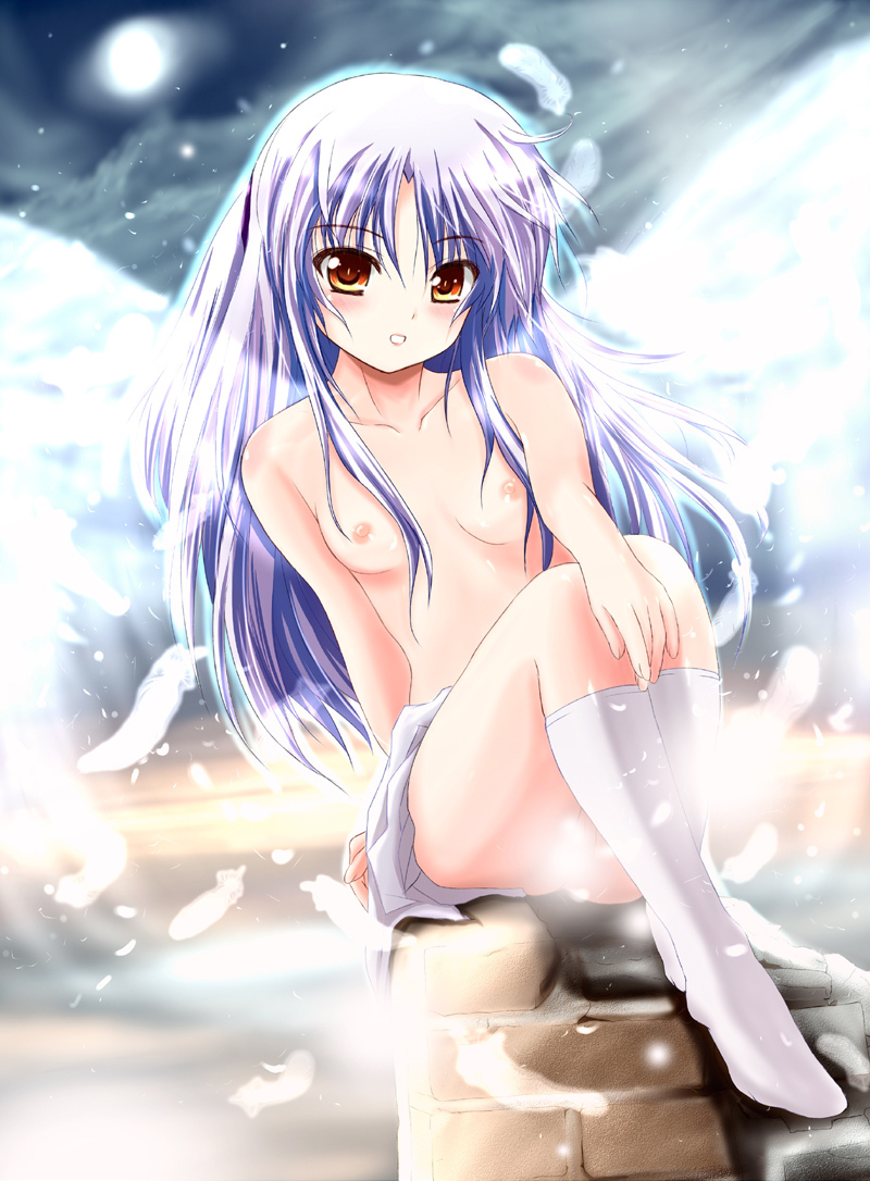 1girls angel_beats! blush breasts female footwear kanade_tachibana knee_socks kneehighs kneesocks long_hair moon night night_sky nipples open_mouth shaian silver_hair sitting sky socks solo tachibana_kanade tenshi tenshi_(angel_beats!) white_legwear white_socks wings yellow_eyes