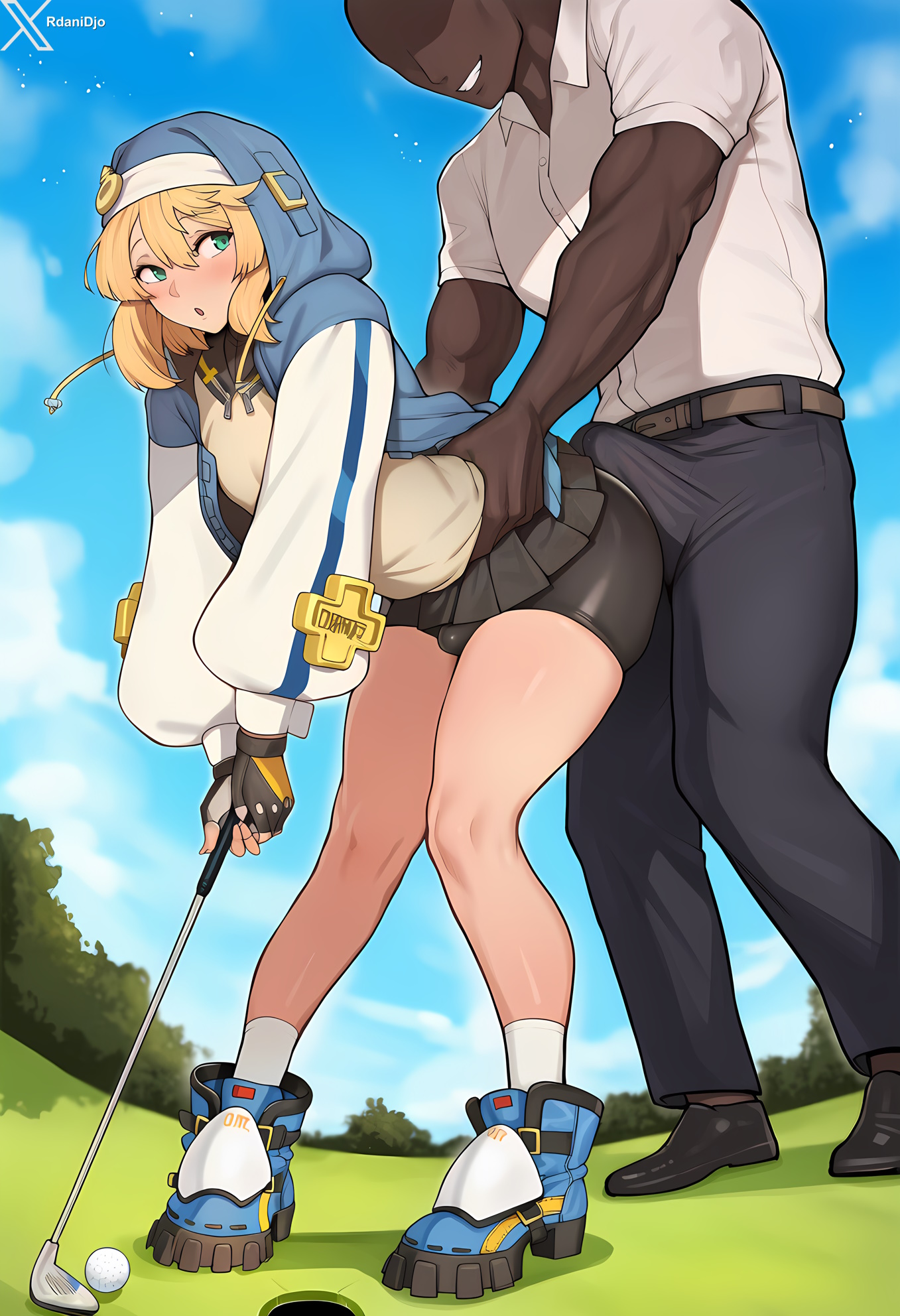 ai generated, belt, bike shorts, blonde hair, blush, breasts, bridget, crossdresser, crossdressing, dark skin, dark-skinned male, fingerless gloves, gloves, green eyes, guilty gear, hood, hoodie, male, male focus, male only, minority, outdoors, skirt, trans, trans woman, transfem, transgender, transgender woman, twink