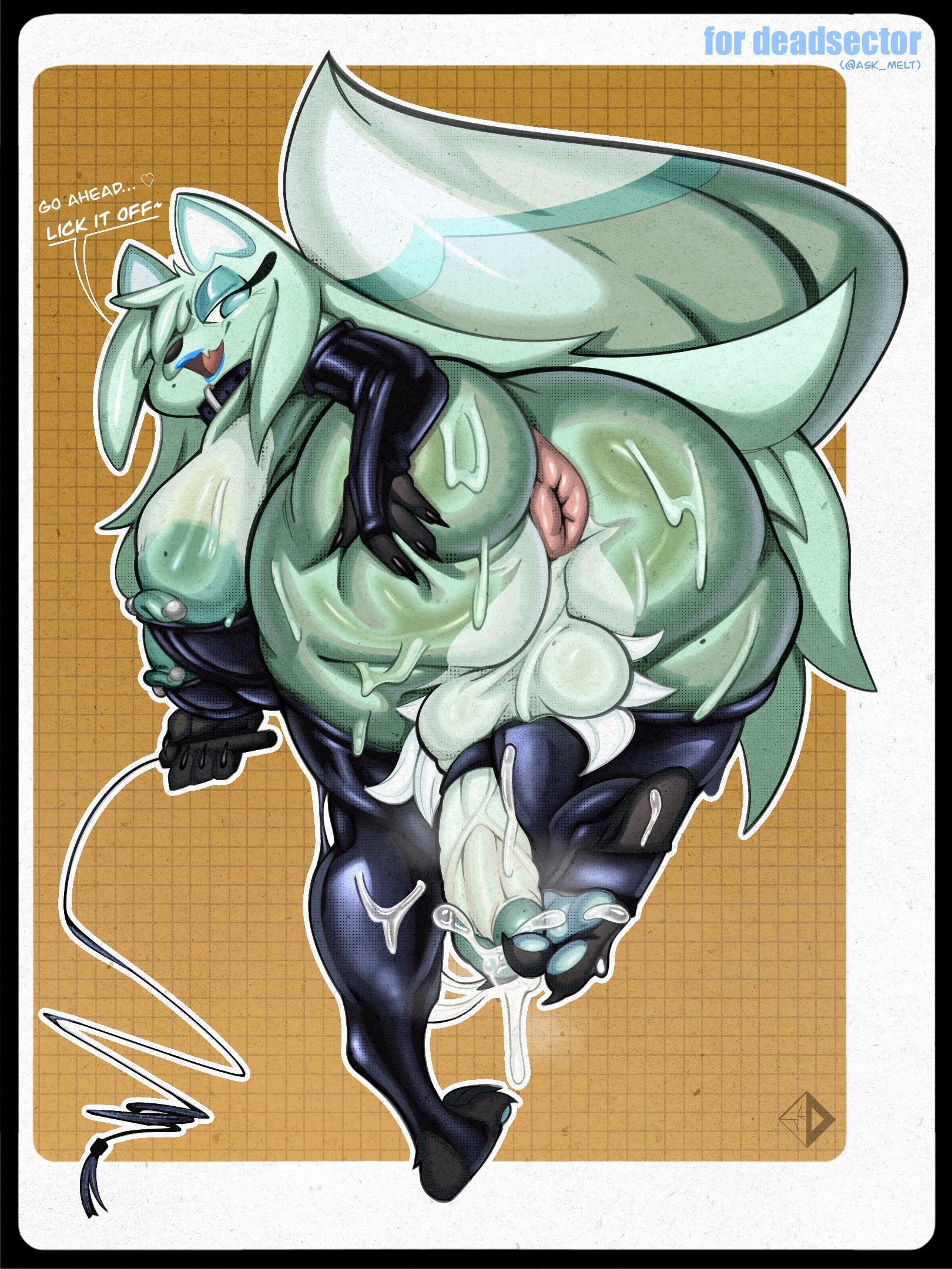 2025, 3 toes, 4 fingers, alternate costume, alternate hairstyle, alternate version at source, anthro, anus, arctic fox, areolae, artist logo, ass, ass grab, balls, bbw, bdsm gear, bdsm outfit, big balls, blue eyes, breasts, canid, canine, chikn nuggit, chubby futa, claws, collar, collarbone, cum, cumshot, deadsector, dialogue, dickgirl, digital drawing (artwork), digital media (artwork), dipstick tail, ejaculation, elbow gloves, english text, eyelashes, fluffy tail, fox, furry, futa sans pussy, futanari, genitals, glans, hair over one eye, hi res, holding object, intersex, large ass, large breasts, large penis, latex, latex clothing, lipstick, long hair, mature, mature futa, melt (deadsector), mole, mole on ass, mole on breast, multicolored fur, nipple bulge, nipple piercing, nipples, one leg up, open mouth, overweight, partially clothed, paws, penis, puffy anus, rear view, simple background, skindentation, slushi (chikn nuggit), smile, solo, solo futa, splooshiidood, spreading, standing, sweat, thick thighs, tight clothing, tight fit, toeless legwear, tongue, vein, veiny penis, voluptuous, whip, wide hips