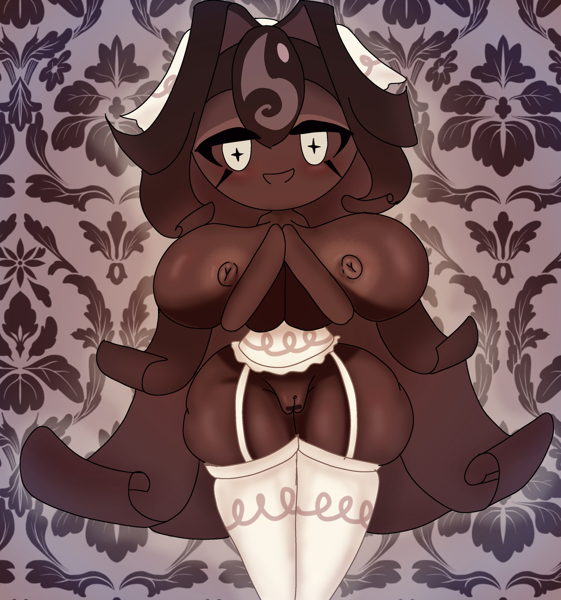 2d, 2d (artwork), 2d artwork, big breasts, black forest cookie, breasts, brown hair, cookie run, cookie run kingdom, dark skin, female, large breasts, not my art, soreoda, tagme, white eyes