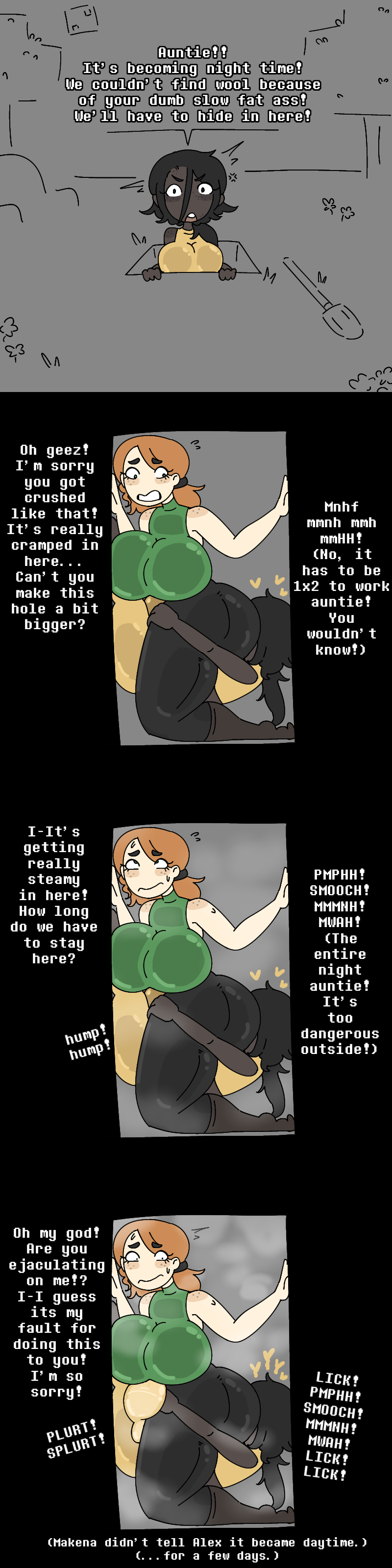 1futa, 1girls, age difference, alex (minecraft), ass on face, aunt, aunt and niece, black pants, breasts, breasts bigger than head, clothed, clothing, clueless, condom balloon, condom suit, contained setting, cramped, cum, dark skin, dark-skinned futa, dry humping, eating ass, ejaculation, english, english text, face in ass, facesitting, female, freckles, freckles on face, freckles on shoulders, fully clothed, futanari, ginger, ginger female, ginger hair, huge ass, huge breasts, humping, incest, interracial, intersex, kissing ass, large ass, large breasts, light skin, light-skinned female, long image, makena (minecraft), massive ass, massive breasts, milkbuni, minecraft, multiple images, niece, non consensual, older female, panels, rape, raped, sexual assault, sexual harassment, shiny clothes, sitting on face, sitting on person, size difference, skin tight, small space, smaller futa, smothering, smothering ass, steam, steaming body, step-incest, stuck, sweat, sweatdrop, taking advantage, tall image, taller female, text, thick, thick ass, thick thighs, tight clothes, tight clothing, tight fit, tight space, white woman, younger dom older sub, younger futa