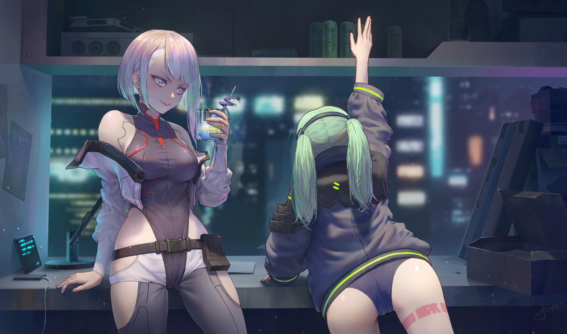 2girls, arm up, ass, asymmetrical hair, belt, black belt, black hairband, black jacket, bob cut, box, breasts, cable, can, cellphone, closed mouth, clothing, clothing cutout, counter, cup, cyberpunk (series), cyberpunk 2077, cyberpunk: edgerunners, ear piercing, female, female only, from behind, green hair, hairband, hand up, highres, hip vent, holding, holding cup, human, indoors, jacket, jay xu, leaning, leaning forward, leg tattoo, leotard, long hair, lucyna kushinada, medium breasts, multiple females, multiple girls, nonsexual, off shoulder, outerwear, pale skin, phone, piercing, pouch, reaching, rebecca (edgerunners), red lips, short hair, smartphone, smile, tattoo, thighs, twintails, white hair, white jacket