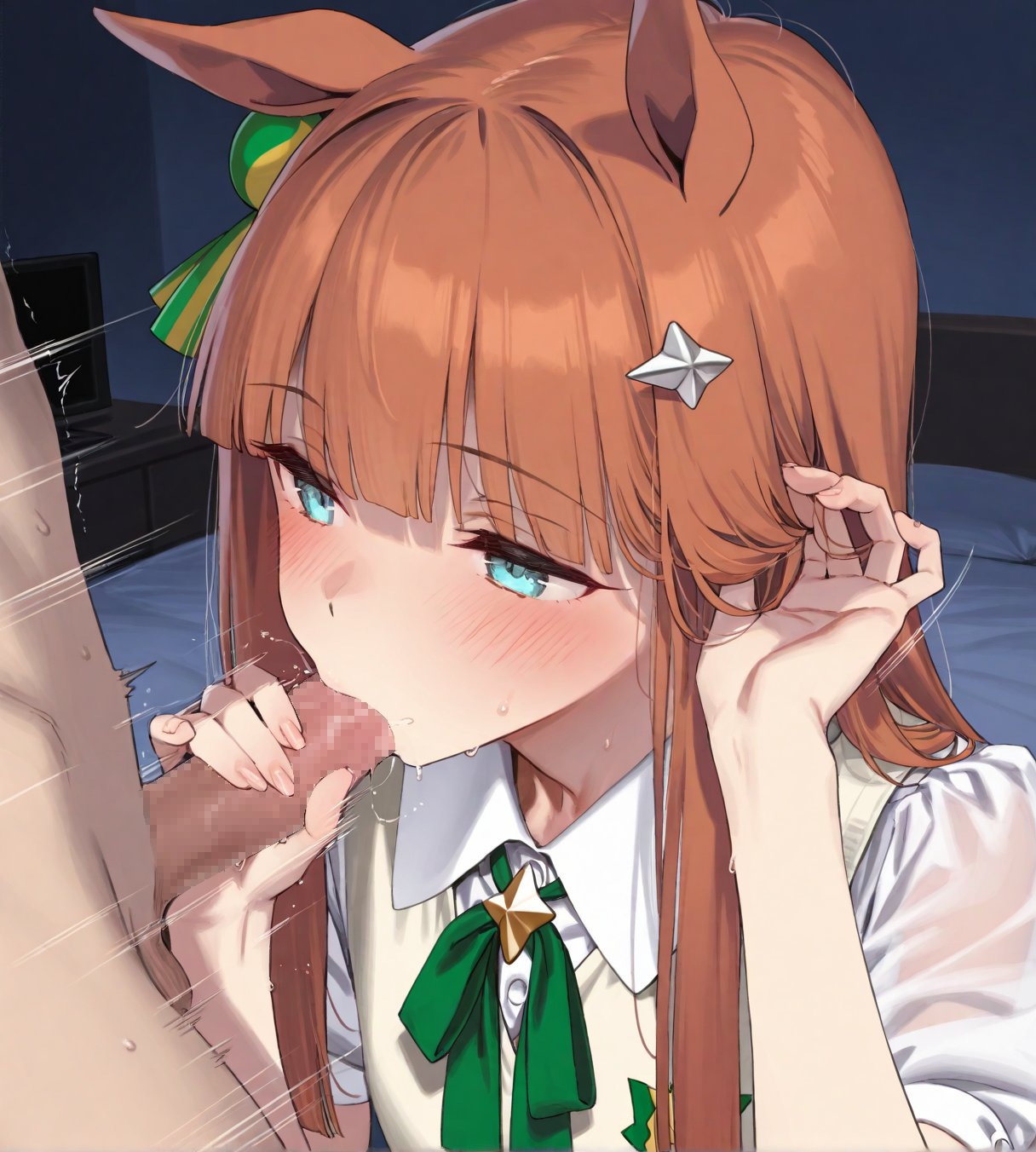 1boy, 1girls, ai generated, animal ears, anthropomorphization, artist request, censored, dark skin, dark-skinned male, eyes, female, hair, legs, light skin, light-skinned female, mosaic censoring, oral, silence suzuka (umamusume), skin, tagme, tan skin, tan-skinned male, umamusume, umamusume pretty derby