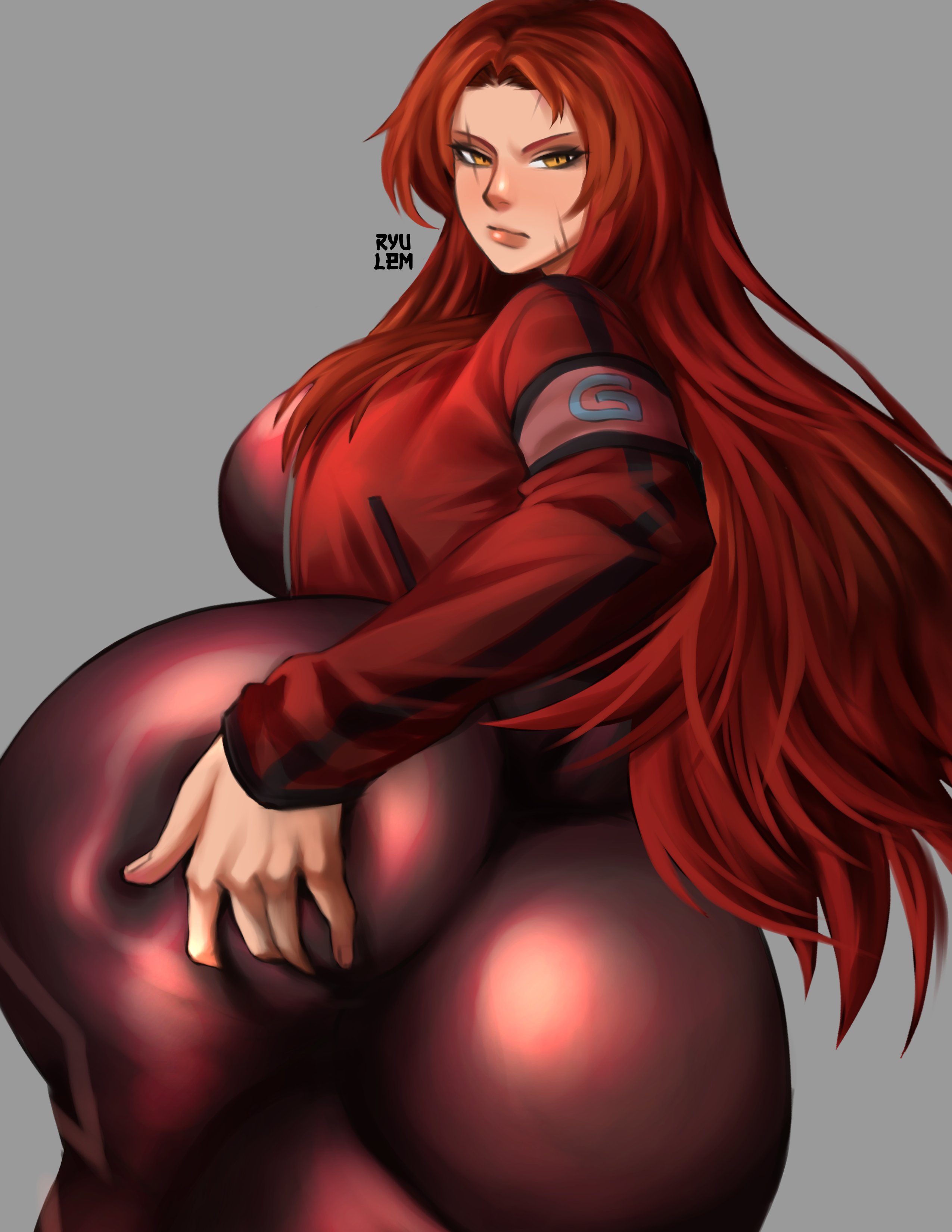 ass, ass focus, clothed, gebura (lobotomy corporation), huge ass, lobotomy corporation, project moon, red hair, ryulem, spread ass, wide hips