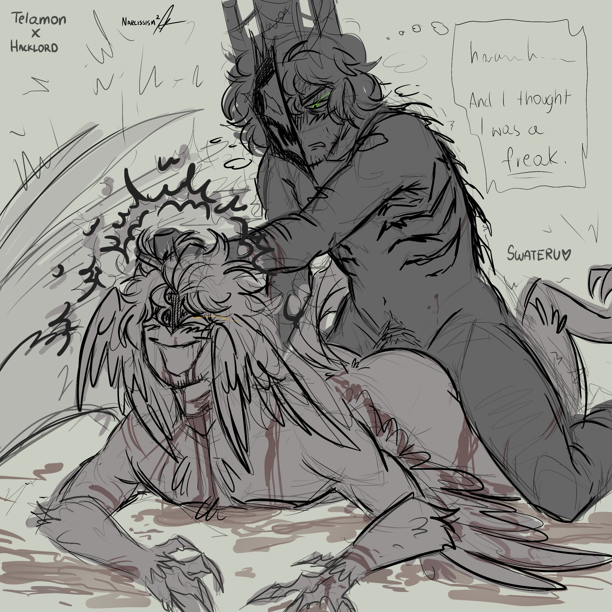 2025, 2boys, 2d, 2d (artwork), 2d artwork, anal, anal insertion, anal sex, avian, avian feet, avian humanoid, blood, clawed fingers, claws, cuts, digital drawing (artwork), digital media (artwork), english text, eroguro, eye roll, fire ring, fluffy hair, forsaken, forsaken (roblox), gay, gay sex, gore, gray background, grey background, guro, hacklord shedletsky, hair, halo, human, humanoid, male, masochism, masochist, mirrorship, pleasure, pleasure face, pleasured, roblox, roblox game, robloxian, rolling eyes, selfcest, signature, smile, smiling, swateru, telamon, thought bubble, wings, wings on head