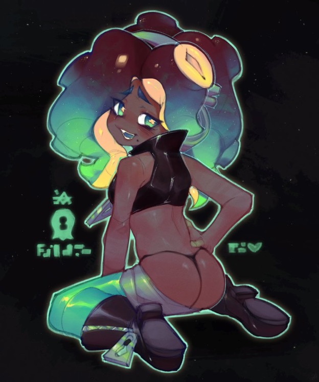 ass focus, female, marina (splatoon), nintendo, onimiere, solo female, splatoon, splatoon (series), splatoon 2, tentacle hair, thong, turned head, two-tone hair