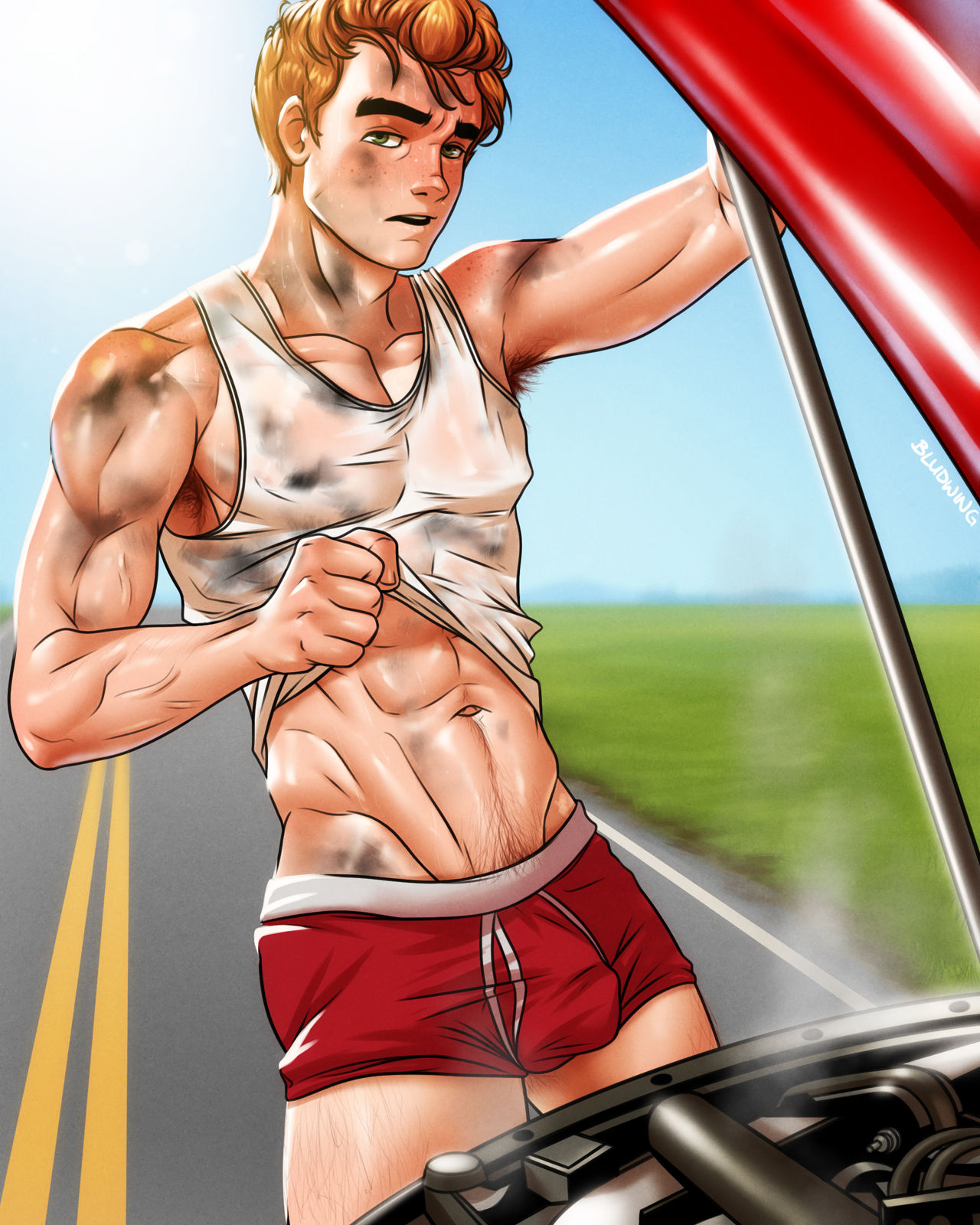 1boy, abs, archie andrews, archie comics, bludwing, dirty, gay, gay male, happy trail, male, male only, muscular, musk, outside, partially clothed, public, sweat, sweaty, tank top, underwear, yaoi