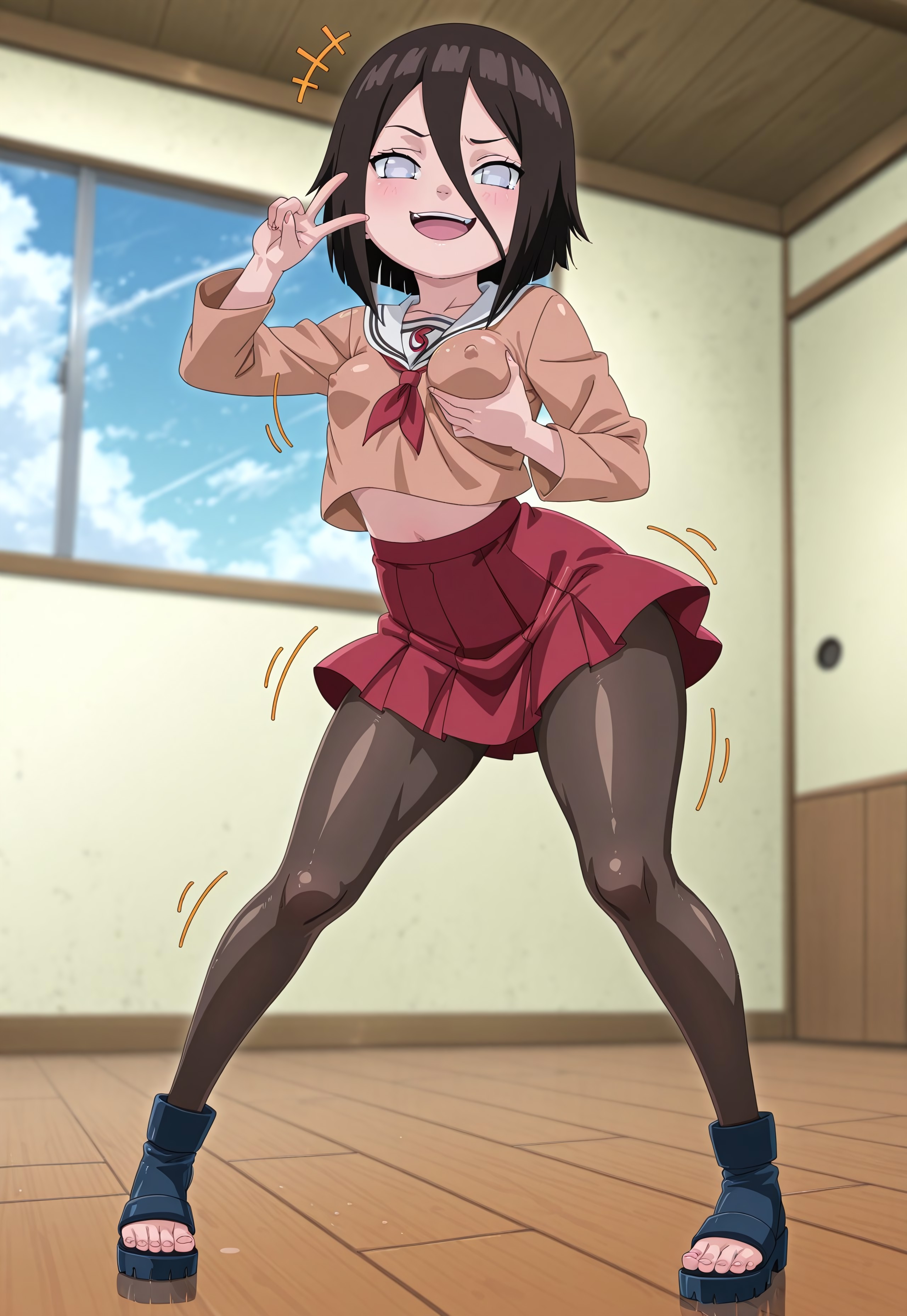 ai generated, breasts, brown hair, byakugan, female, grabbing own breast, hanabi hyuuga, hyuuga hanabi, mature female, motion lines, naruto, naruto (series), open toe shoes, pantyhose, red ascot, red skirt, serafuku, short hair, v sign, white eyes