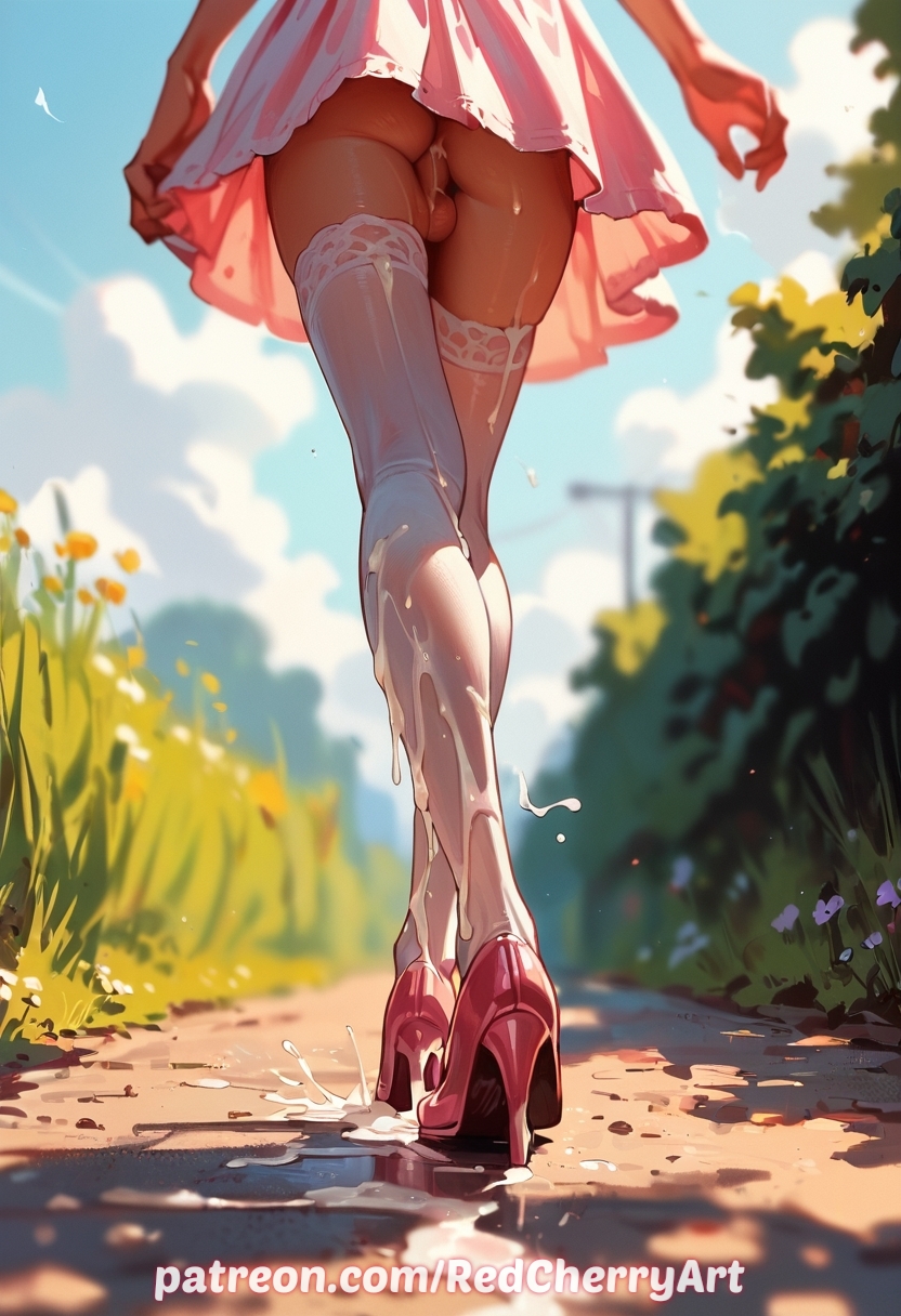 after anal, ai generated, crossdressing, cum, cum in ass, cum on legs, cum pool, dress, femboy, from below, heels, male, no panties, otoko no ko, redcherryart, sissy, stockings, trap, walking