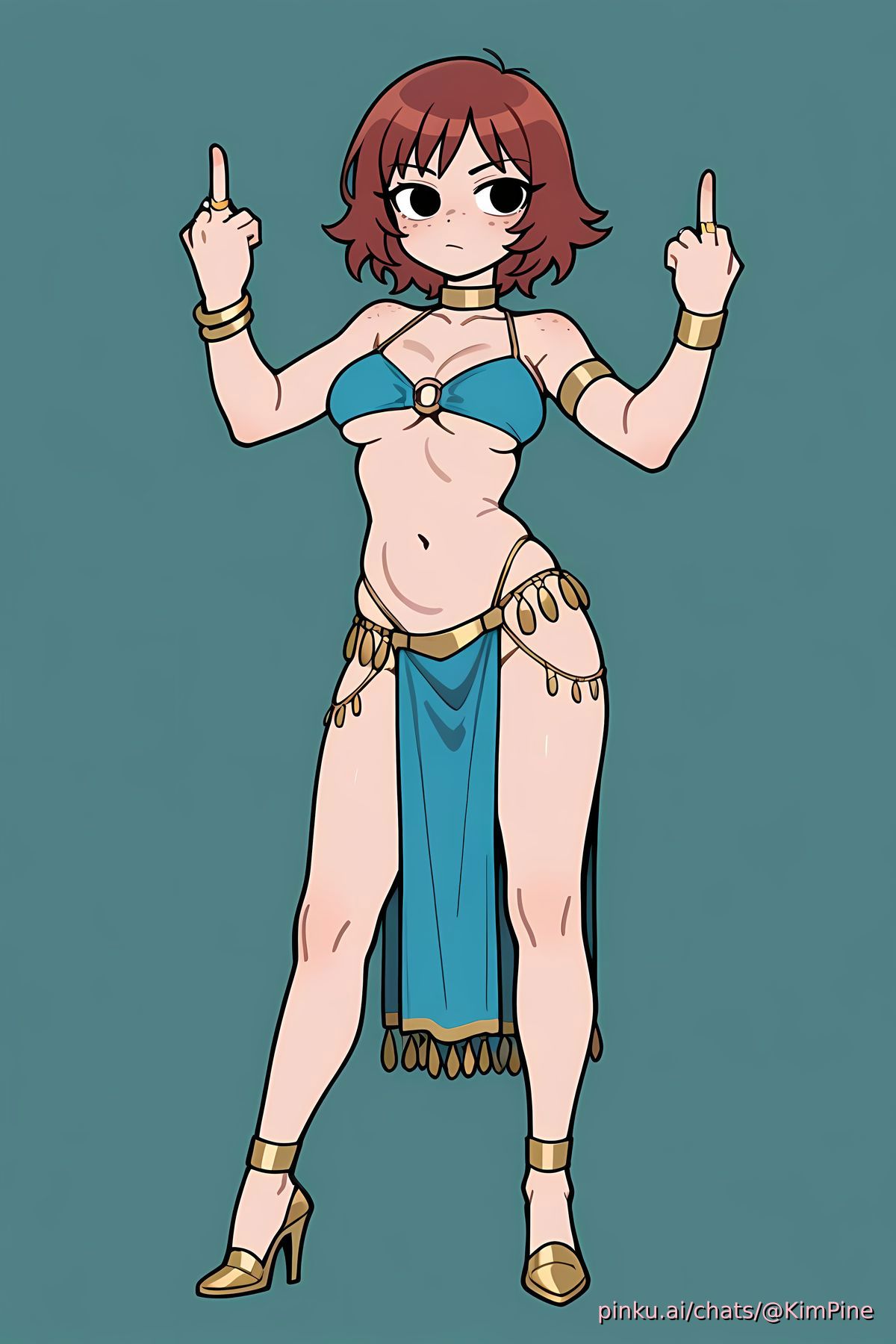ai generated, ankle cuffs, arm band, belly dancer, belly dancer outfit, black eyes, blue clothing, collar, exposed thighs, female, flipping off, flipping the bird, flipping viewer off, freckles, gold jewelry, harem girl, harem outfit, high heels, kim pine, kimberly pine, middle finger, midriff, pelvic curtain, pinku.ai, red hair, ring, ring bra, rings, scott pilgrim, scott pilgrim takes off, tagme