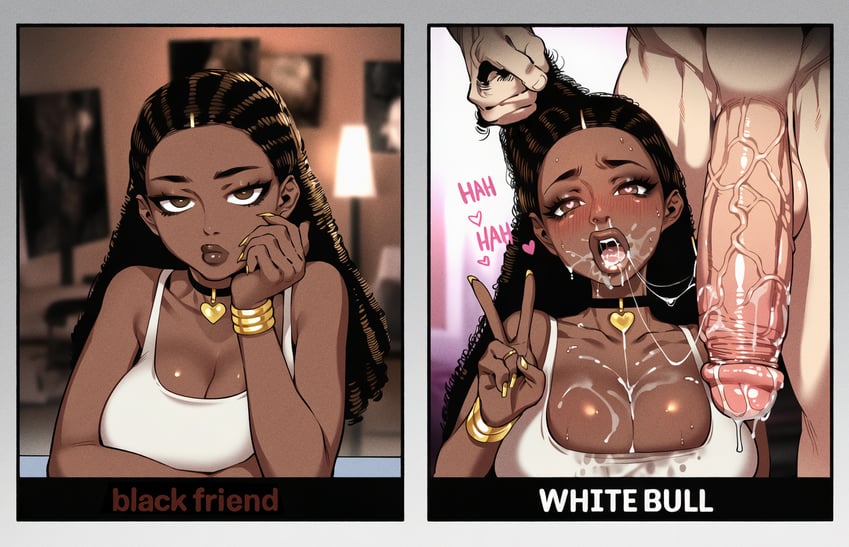 african female, after fellatio, ai assisted, ai generated, big penis, cheating girlfriend, choker, cum in mouth, cumshot, dark-skinned female, female, heart, heart-shaped pupils, hello zap, light-skinned male, male, peace sign, penis, raceplay