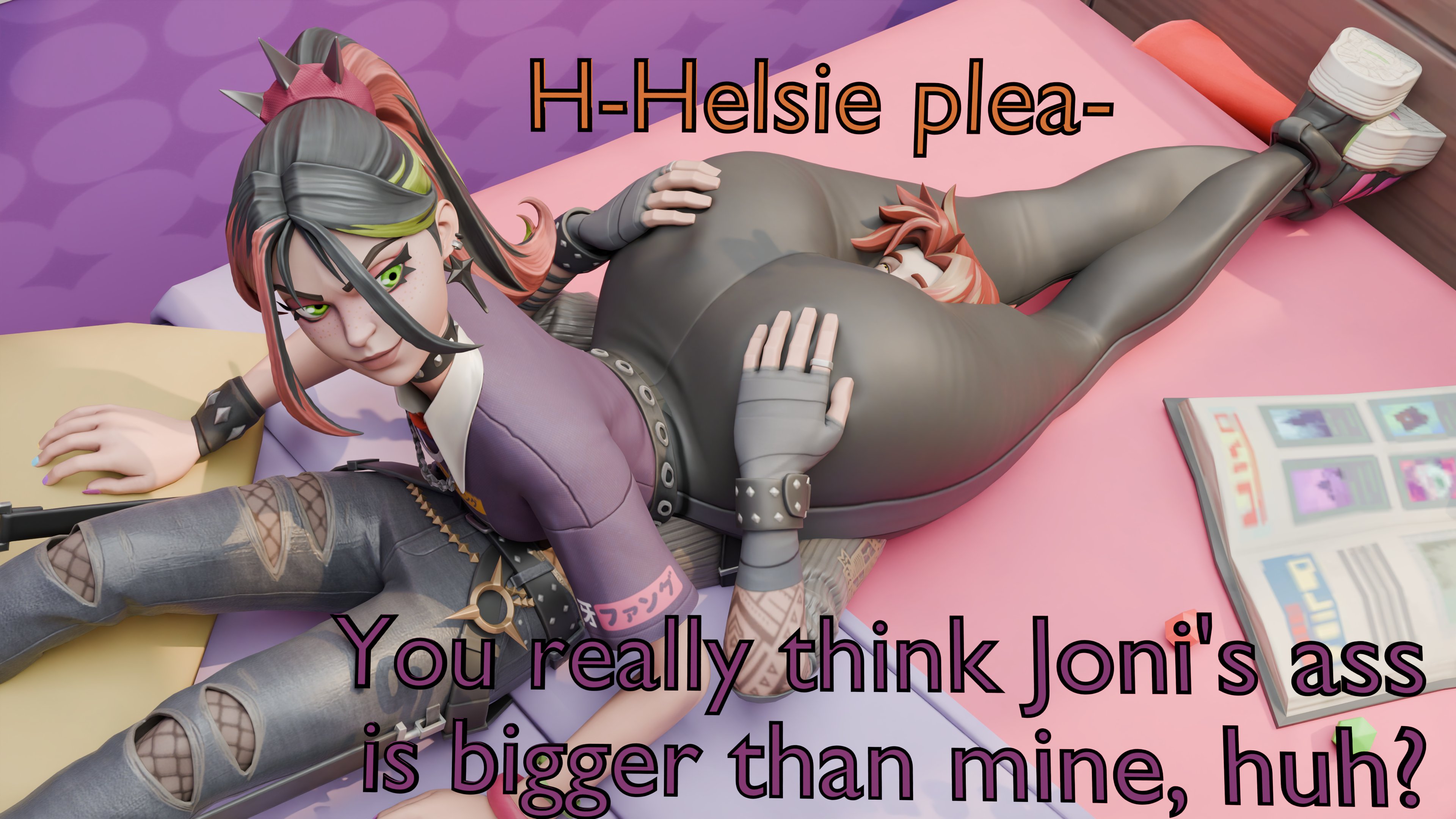 4k, 4k resolution, alternative fashion, ass, ass bigger than body, ass bigger than breasts, ass bigger than head, ass bigger than torso, ass focus, ass grab, big ass, big butt, big thighs, black hair, breasts, bubble ass, bubble butt, butt bigger than body, butt bigger than breasts, butt bigger than head, butt bigger than torso, butt focus, butt grab, dialogue, dominant, dominant female, domination, dumpy, enormous ass, enormous butt, enormous thighs, epic games, fat ass, fat butt, fat thighs, female, fortnite, fortnite: battle royale, freckles, freckles on face, giant ass, giant butt, giant thighs, goth, goth girl, grabbing ass, green hair, hand on ass, hd, head between thighs, helsie (fortnite), hi res, high resolution, high stakes club, highres, huge ass, huge butt, huge thighs, jason ator13, large ass, large butt, large thighs, leggings, lucien west, lying, lying on back, lying on person, male, massive ass, massive butt, massive thighs, multicolored hair, pants, plump ass, plump butt, plump thighs, red hair, round ass, round butt, sexy, sexy body, sexy butt, sexy pose, sexy thighs, submissive, submissive male, teasing, teasing with ass, teasing with butt, thick ass, thick butt, thick thighs, thighs, thunder thighs, thunderthighs, tight clothing, tight fit, tight pants, voluptuous, voluptuous female