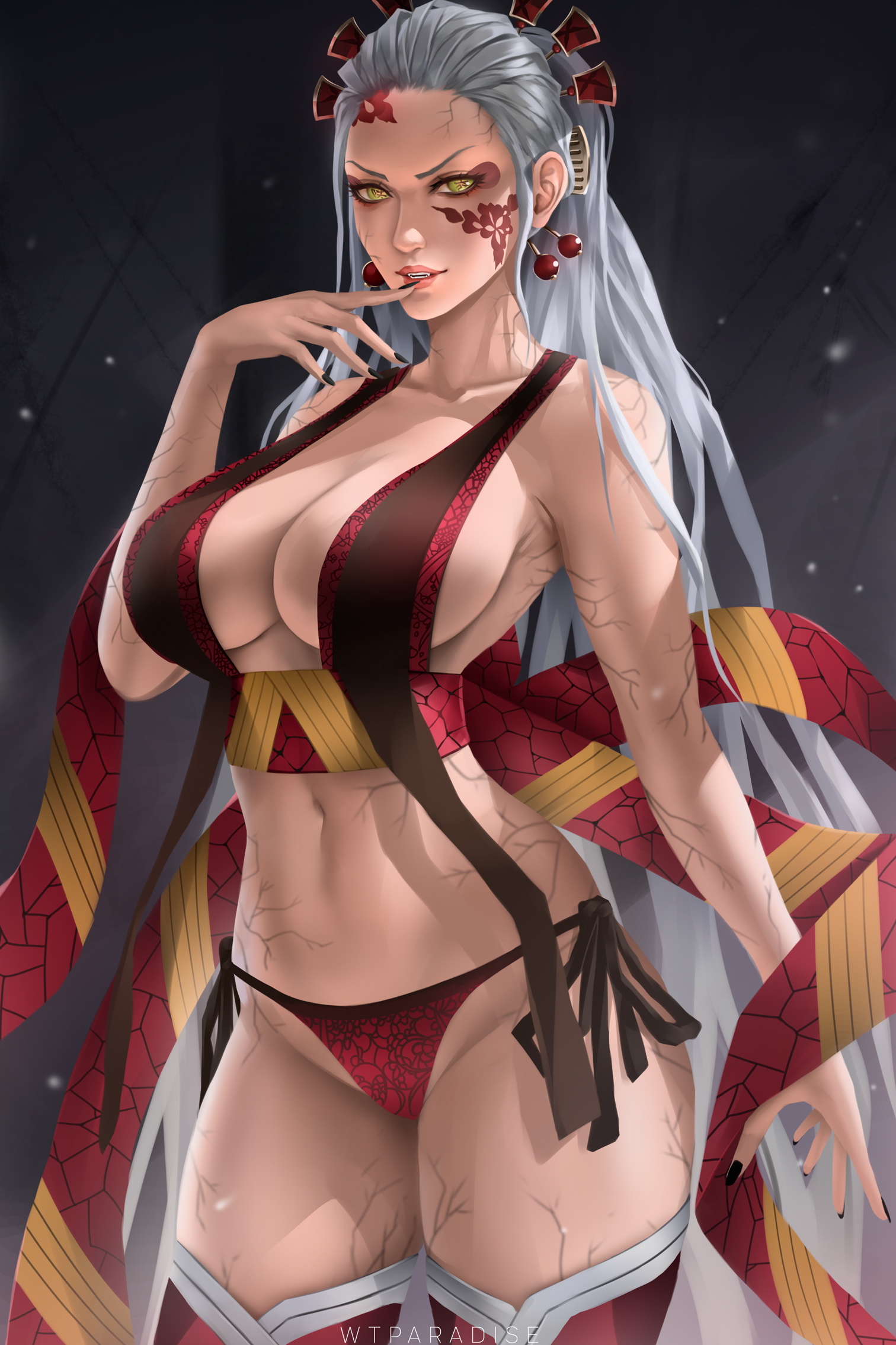 big breasts, black nails, body markings, breasts, cleavage, cowboy shot, curvy, daki (kimetsu no yaiba), demon, demon girl, demon slayer, eyeshadow, facial markings, fangs, female, female only, finger to mouth, green eyes, hair ornament, hourglass figure, kimetsu no yaiba, lingerie, long hair, looking at viewer, nail polish, obi, realistic, side-tie panties, sideboob, silver hair, smile, solo, thick thighs, thighhighs, thin waist, veins, very long hair, we1cometoparadiseart, welcometoparadise, white hair, wtparadise