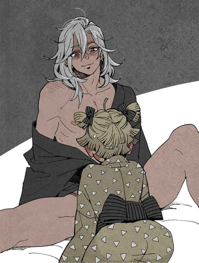 2boys, age difference, blush, canon crossdressing, crossdressing, demon slayer, earrings, gay, hair down, kimetsu no yaiba, kimono, male, male only, messy hair, muscular, muscular male, off shoulder, open kimono, silver hair, smile, spread legs, uzui tengen, zenitsu agatsuma