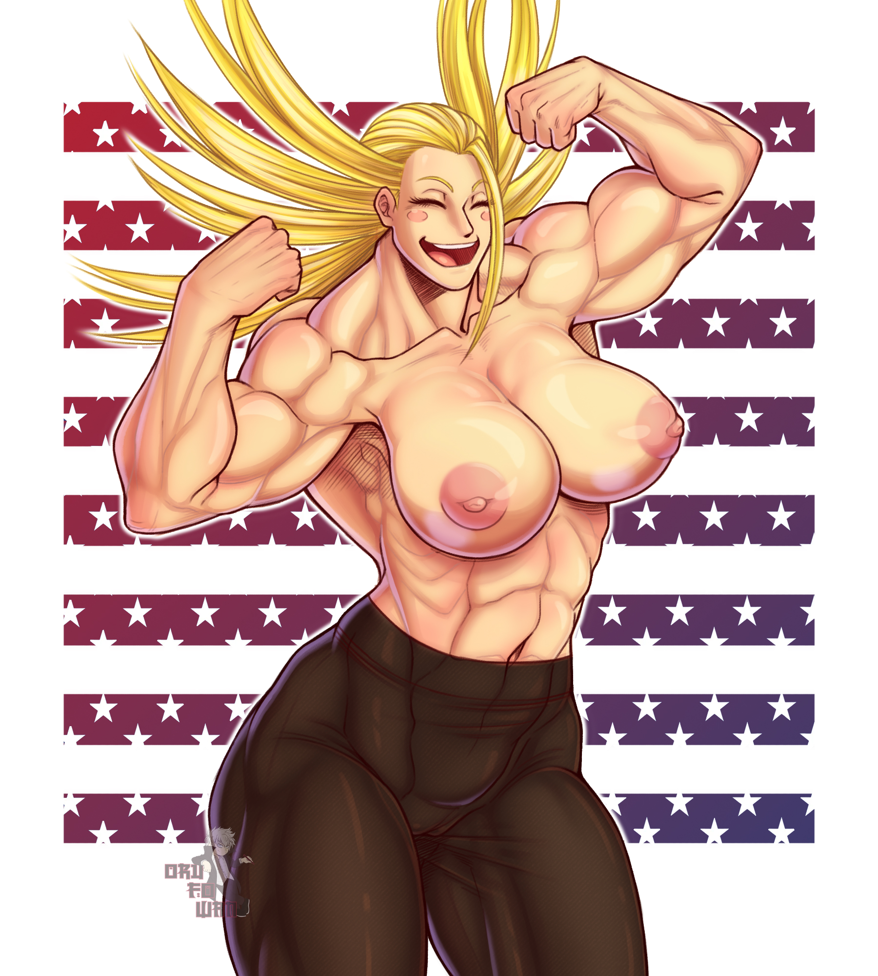 abs, big breasts, blonde hair, blush, boku no hero academia, breasts, cathleen bate, closed eyes, female, flexing, long hair, muscular, muscular female, my hero academia, nipples, orufowan, smile, solo, star and stripe (boku no hero academia), star and stripe (my hero academia)