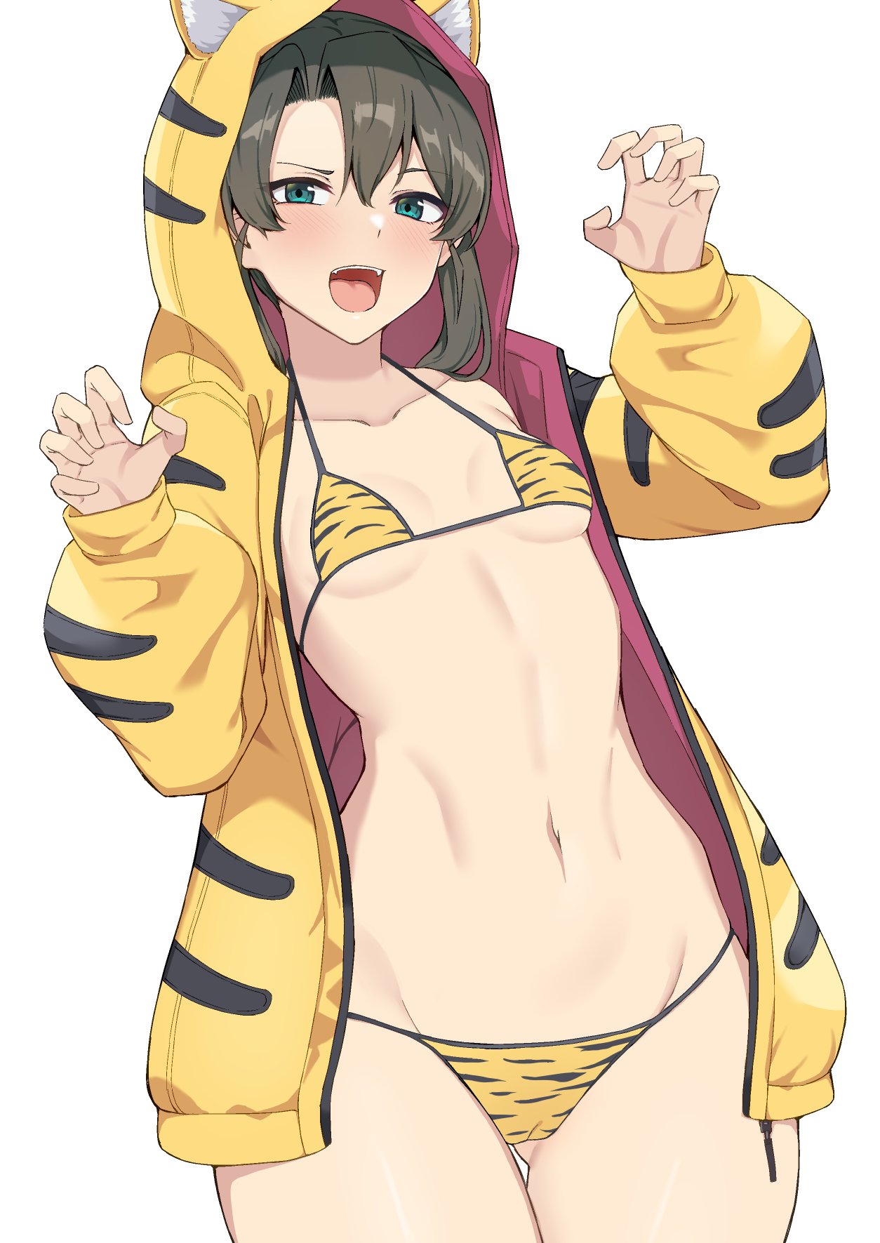 animal_ear_headwear animal_print bikini blush breasts claw_pose collarbone cowboy_shot female green_eyes hair_between_eyes highres hood hood_up hooded_jacket jacket kantai_collection long_sleeves looking_at_viewer navel open_clothes open_jacket open_mouth print_bikini simple_background small_breasts solo stomach swimsuit takaman_(gaffe) teeth tiger_print upper_teeth white_background yellow_jacket zuikaku_(kantai_collection)