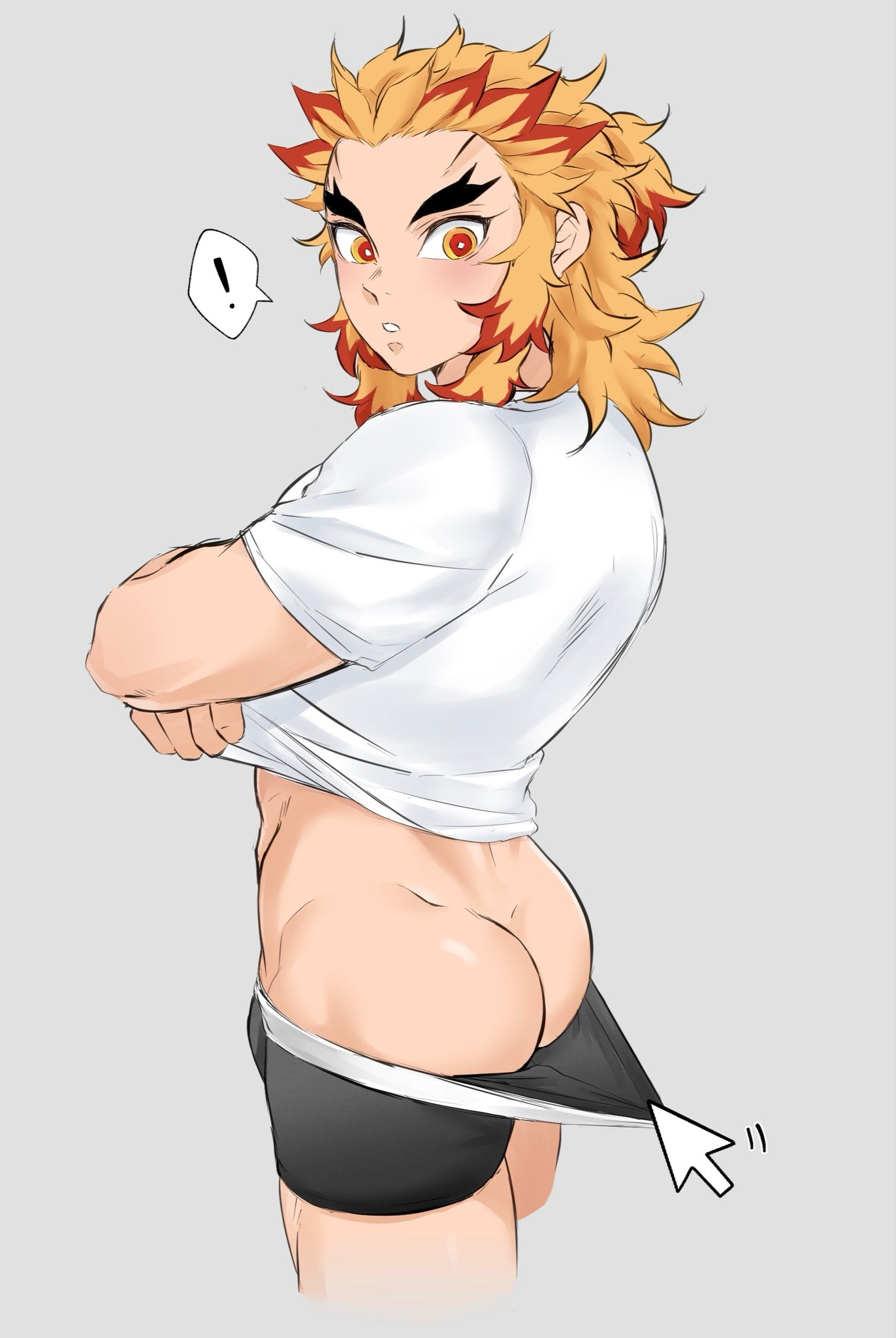 !, alternate costume, ass, ass cleavage, ass crack, ass out, assisted exposure, blonde hair, blush, butt crack, demon slayer, exposed ass, kimetsu no yaiba, looking back, male, male focus, male only, nonciii0510x, rengoku kyoujurou, solo, solo male, thick eyebrows, two-tone hair, underwear, underwear pull, undressing