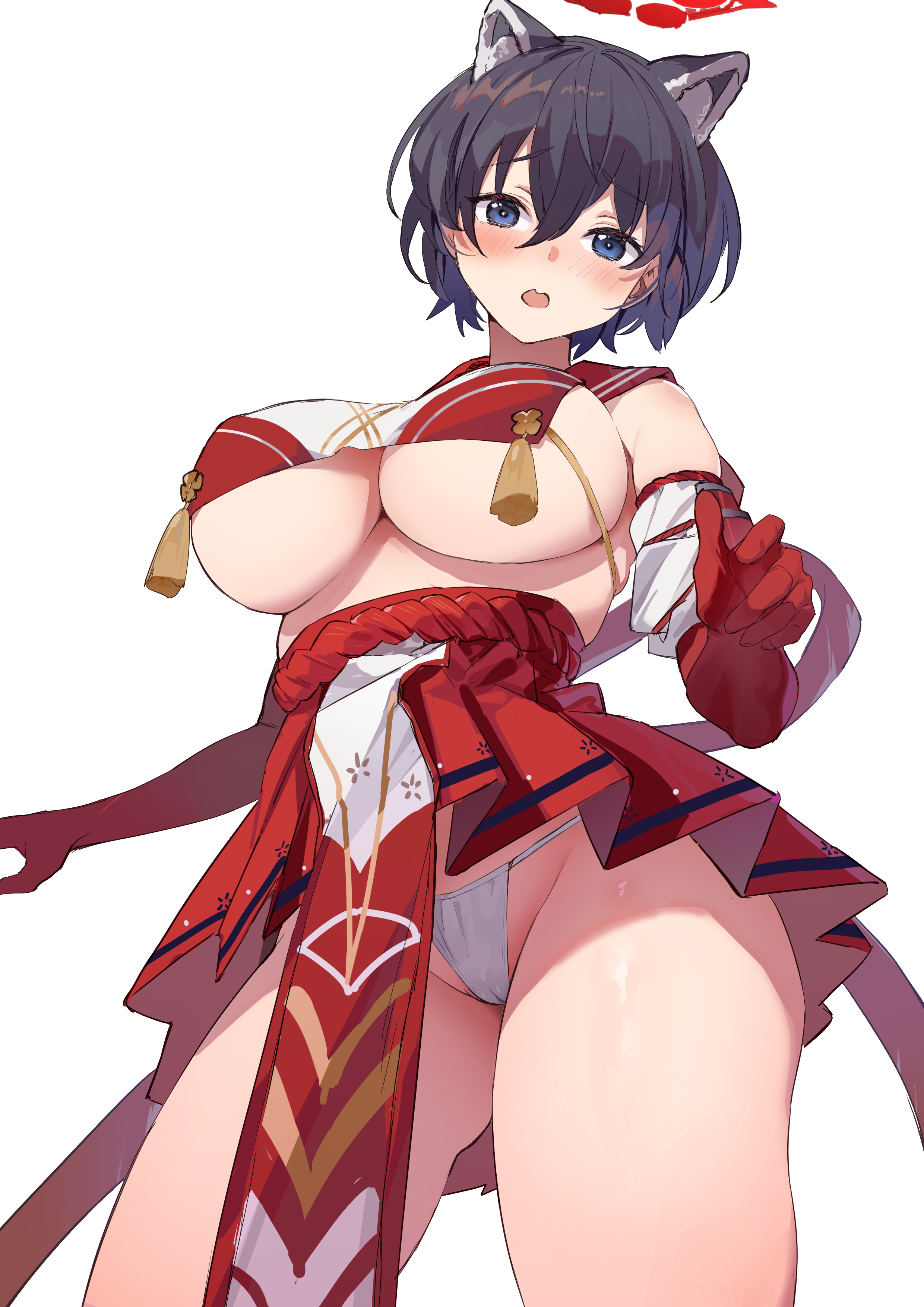 1girls, absurd res, allied hyakkiyako academy student, animal ears, black hair, blue archive, blue eyes, blush, breasts, cameltoe, clothing, female, female only, gloves, hi res, inner discipline club (blue archive), large breasts, looking at viewer, nekomimi, no bra, panties, pussy, short hair, simao (x x36131422), solo, thick thighs, thighs, tsubaki (blue archive), underboob, underwear, white background