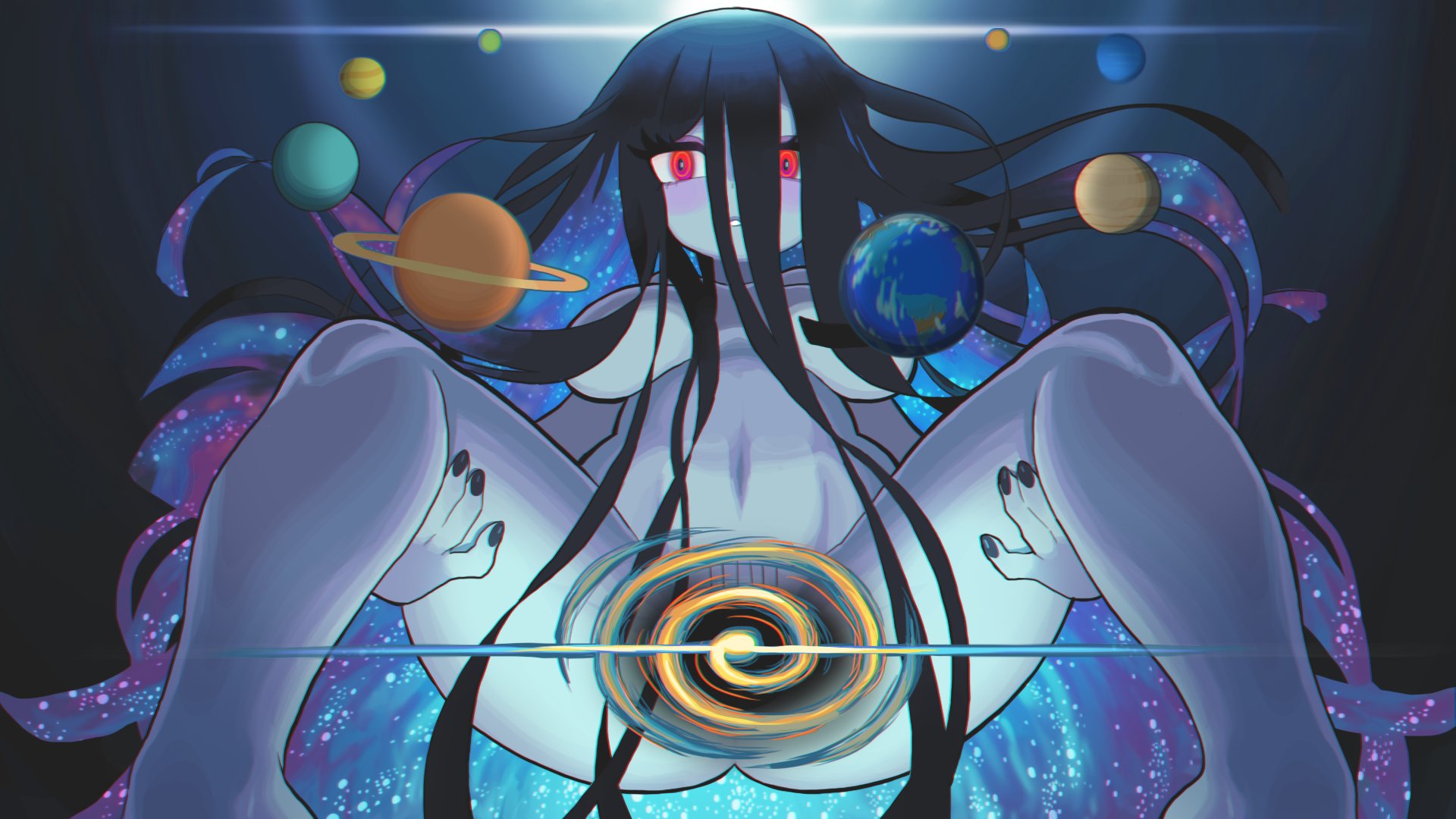 aqua hair, bangs, black hair, black hole, black nails, blue hair, breasts, colored skin, commentary, convenient censoring, earth, earth (planet), eyelashes, female, gashi-gashi, giant, giantess, grey skin, hair between eyes, hair censor, highres, large breasts, long hair, multicolored hair, nail polish, nude, original, parted lips, planet, purple hair, red eyes, solo, space, spread legs, symbol-only commentary, very long hair