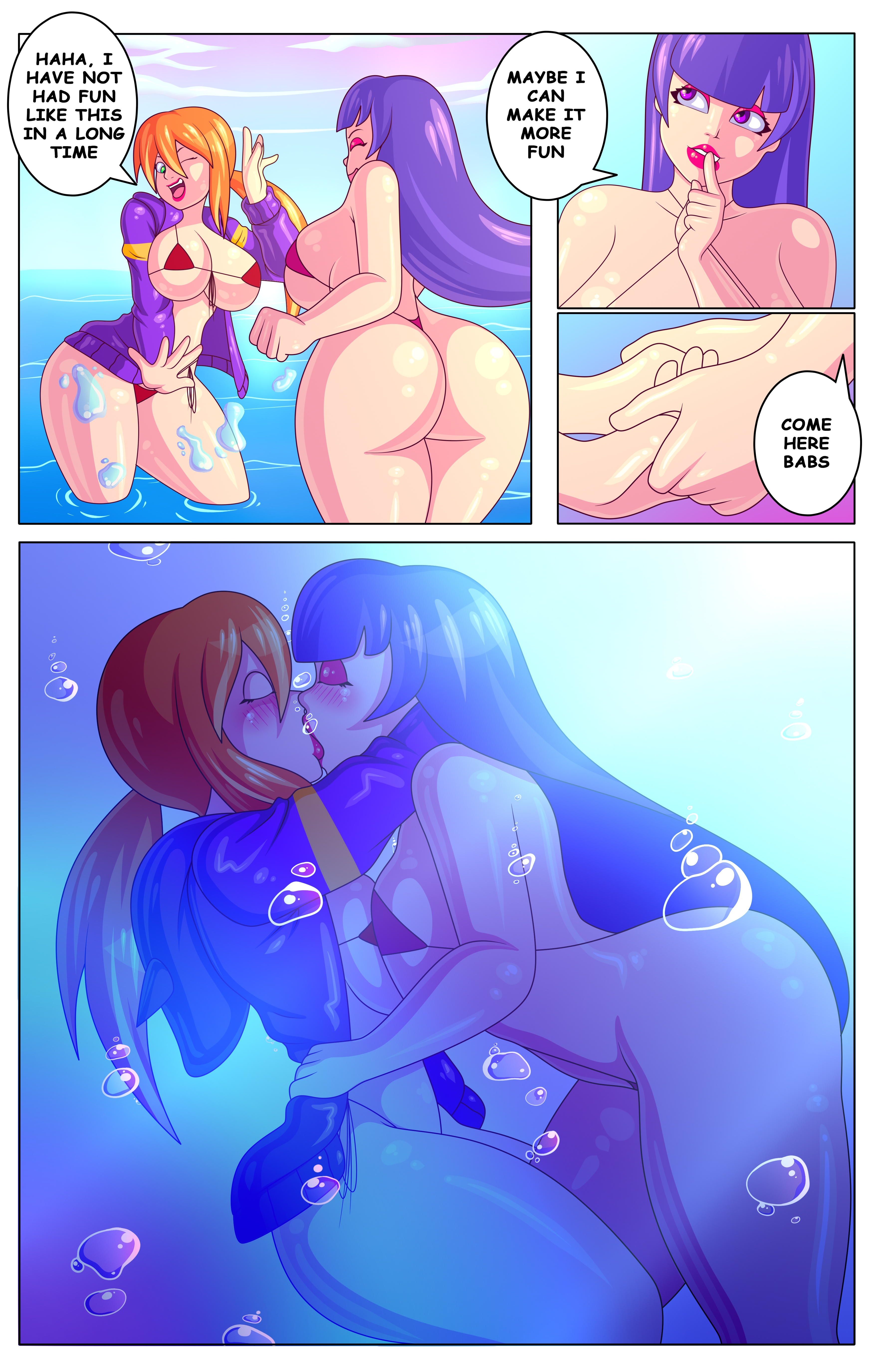 2girls, ass, barbara gordon, batgirl, beach, big ass, big breasts, bikini, blue eyes, blush, breasts, bubble ass, bubble butt, bubbles, cartoon network, comic, comic sans, curvy, dc, dc comics, dc super hero girls, dialogue, embrace, english text, eyeshadow, female, female only, female/female, jacket, kenergi, kissing, lesbian couple, lesbians, light skin, light-skinned female, lipstick, making out, ocean, orange hair, ponytail, purple hair, red eyes, romantic, speech bubble, straight hair, symmetrical docking, underwater, voluptuous, yuri, zatanna, zee zatara