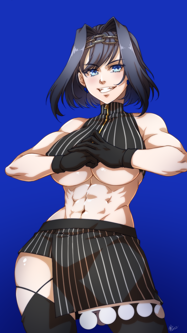 abs asymmetrical_clothes biceps black_gloves black_legwear blue_hair blue_ribbon bow bow_earrings breasts chains cleavage_cutout clothing_cutout cowboy_shot earrings female gloves hair_intakes head_chain headband highres hololive hololive_english hololive_english_-council- hololive_english_-promise- jewelry large_breasts miniskirt muscular muscular_female ouro_kronii ribbon ryuuen shirt short_hair skirt sleeveless sleeveless_shirt smile solo sweater turtleneck turtleneck_sweater underboob underboob_cutout virtual_youtuber zipper