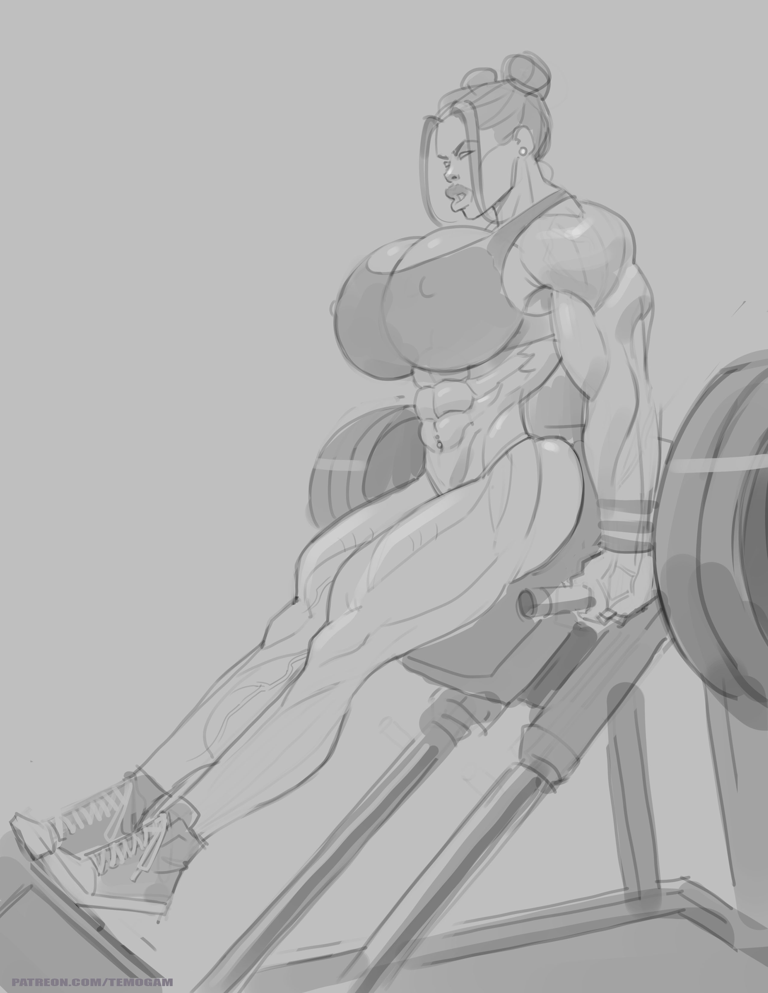 1girls, abs, big breasts, big muscles, bimbo, bodybuilder, breasts, earrings, erect nipples, exercise, female, female bodybuilder, female only, fit, fit female, green eyes, gym, gym clothes, muscles, muscular, muscular arms, muscular female, muscular legs, muscular thighs, nipples, red hair, sketch, temogam, training, veiny arms