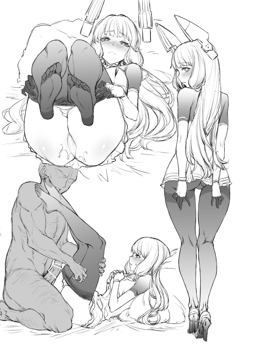 1boy, ass, bangs, bar censor, blunt bangs, blush, breasts, censored, closed mouth, clothed female nude male, clothes pull, dress, eyebrows visible through hair, faceless, faceless male, feet, female, greyscale, hair ribbon, headgear, high heels, highres, kantai collection, kneepits, legs, lying, male, medium breasts, monochrome, murakumo (kantai collection), mushi024, nose blush, nude, on back, on bed, pantyhose, pantyhose pull, penis, remodel (kantai collection), ribbon, sailor dress, sidelocks, soles, straight, thigh gap, thighband pantyhose, toes, tress ribbon