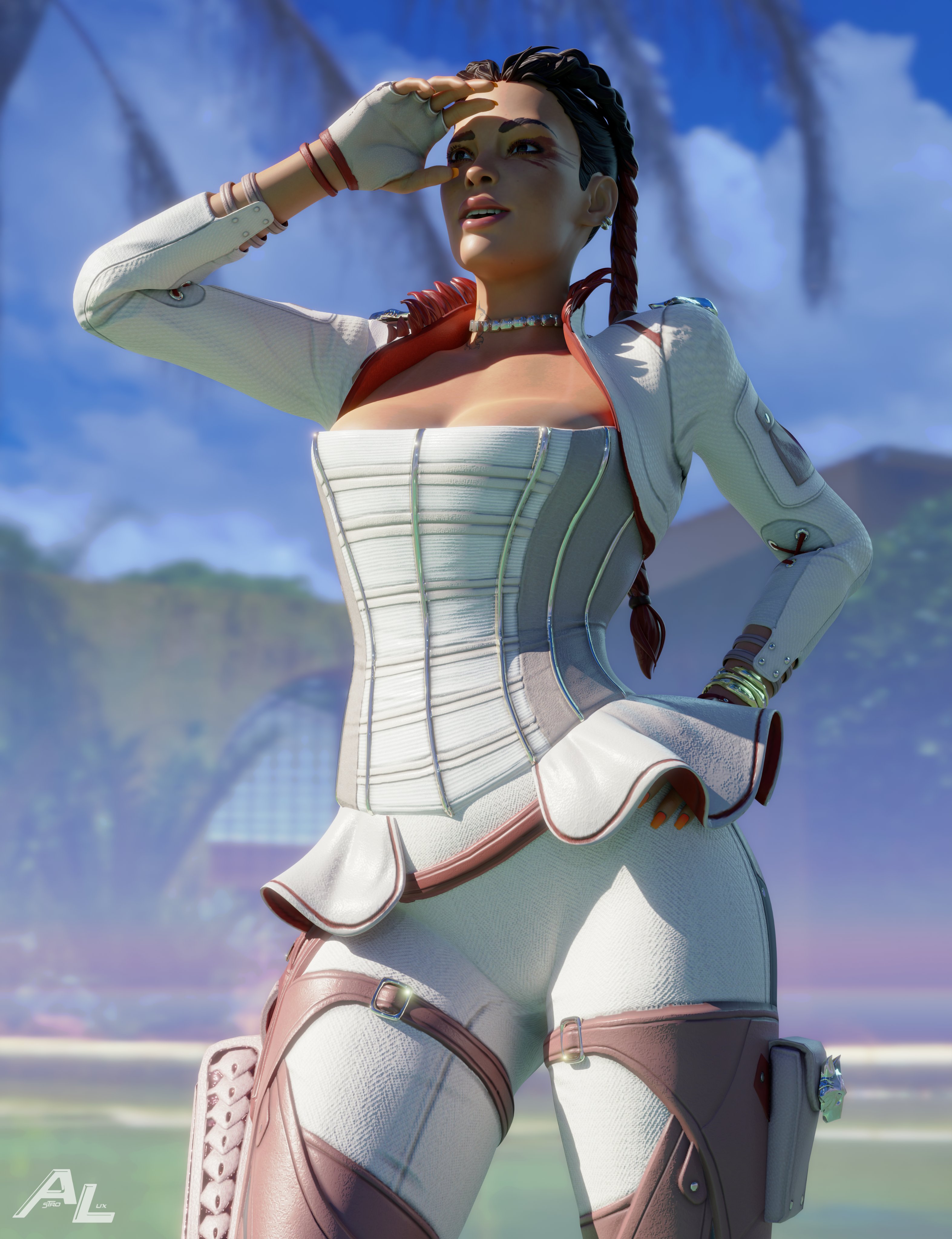 1girls, 3d, 3d (artwork), absurd res, alternate version available, apex legends, astrolux96, big breasts, bracelet, braid, braided hair, breasts, cleavage, clothed, corset, female, female focus, female only, fingerless gloves, gloves, hand on hip, loba (apex legends), long hair, long sleeves, necklace, painted nails, solo, solo female, solo focus, thick thighs, tight clothing, twin braids, wide hips