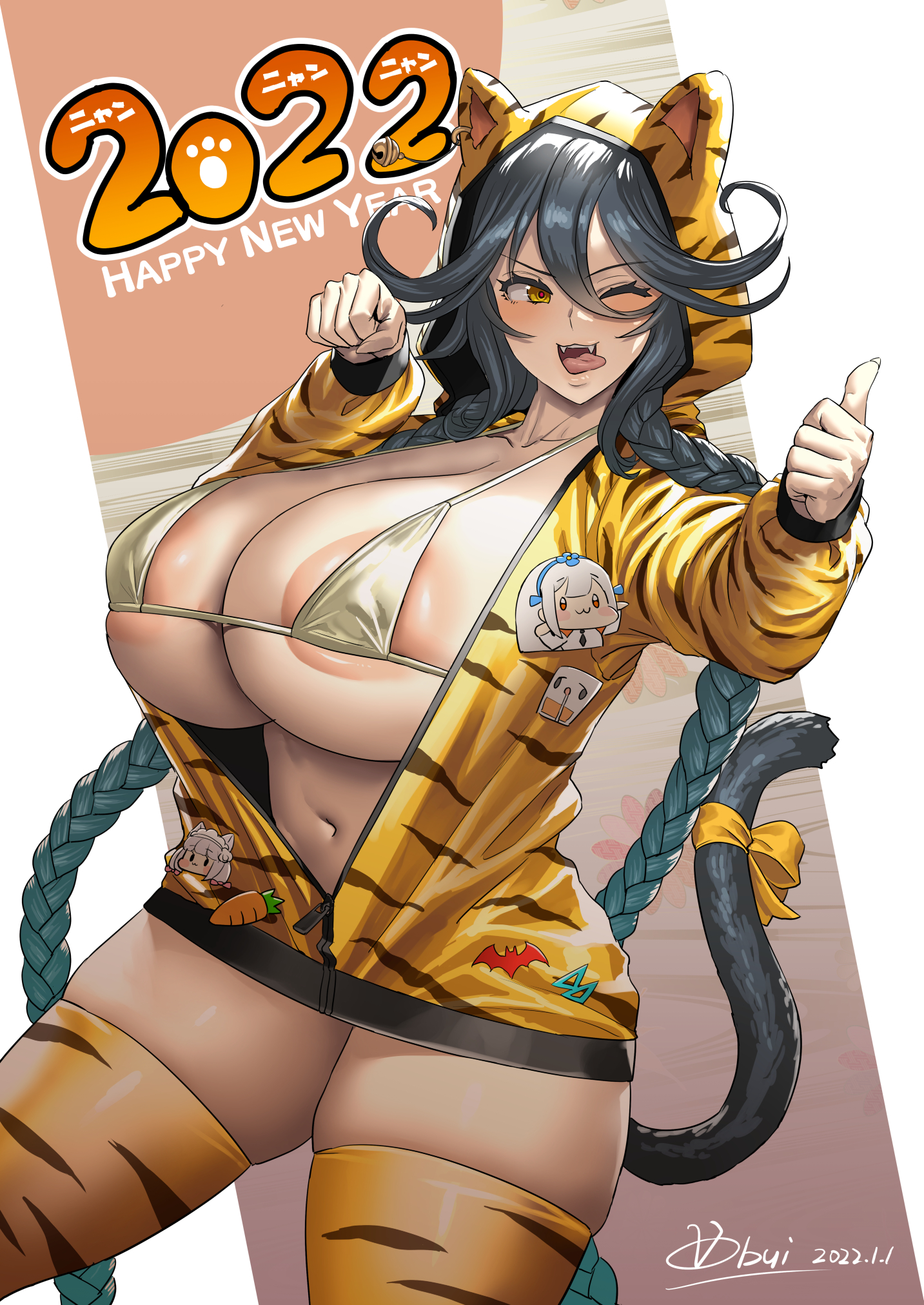 1girls, absurd res, areola slip, areolae, big breasts, bikini top, blush, braid, braided hair, breasts, cat ears, cat girl, cat tail, catgirl, curvy, dark hair, fangs, female, female only, hi res, hoodie, huge breasts, last origin, light skin, light-skinned female, long hair, looking at viewer, massive breasts, new year, obui, pale skin, pale-skinned female, poi (last origin), solo, thick thighs, thighhighs, thighs, tiger print, wink, year of the tiger