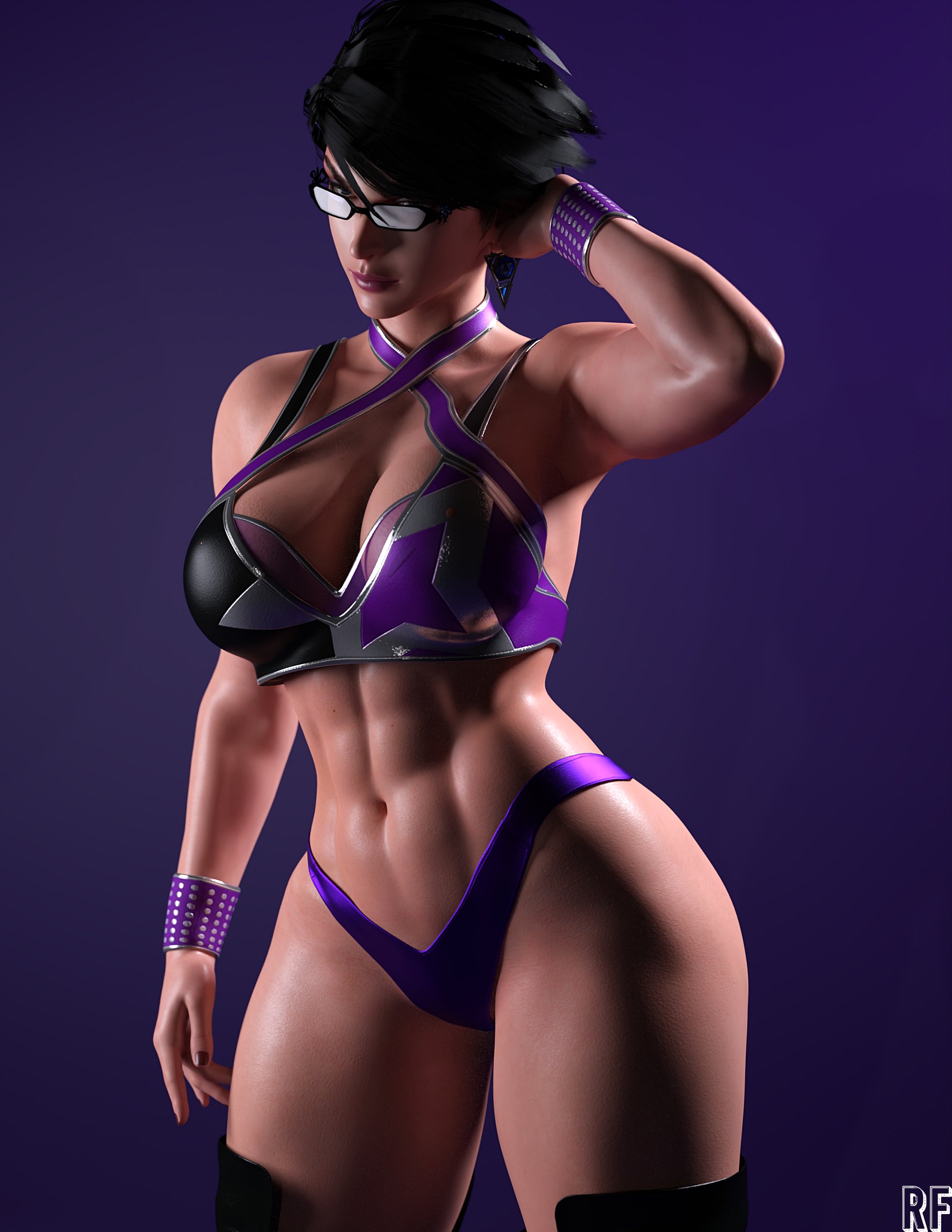 1girls, 3d, abs, bayonetta, bayonetta (character), bayonetta 2, big breasts, black hair, breasts, clothed, clothed female, clothes, clothing, female, female only, fully clothed, glasses, large breasts, rude frog, solo, thick thighs, wide hips