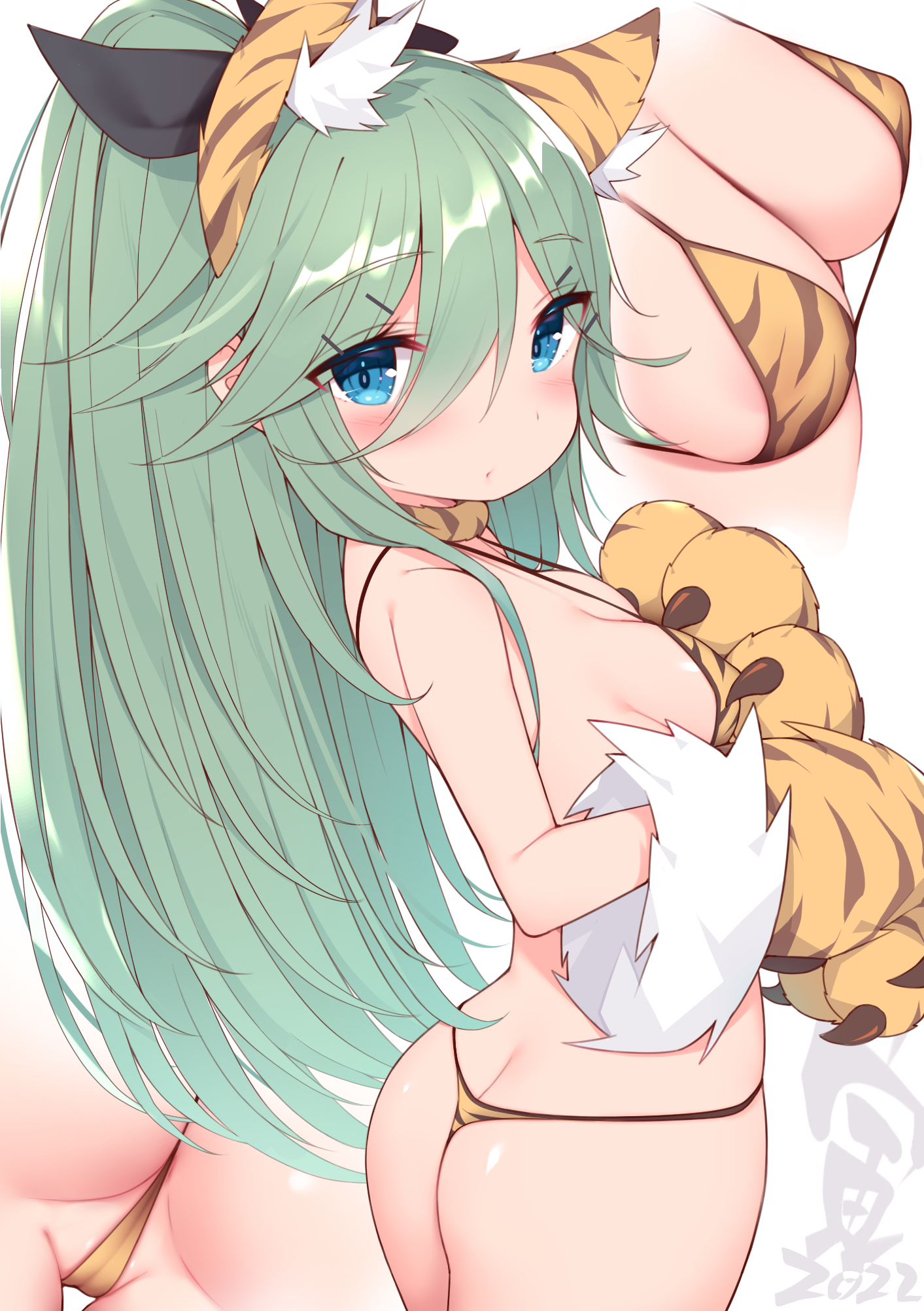 alternate costume, animal ears, animal print, ass, bangs, bare shoulders, bikini, black ribbon, blue eyes, blush, breasts, cameltoe, choker, cleavage, eyebrows visible through hair, female, gloves, green hair, hair between eyes, hair flaps, hair ornament, hair ribbon, hairclip, highres, kantai collection, long hair, looking at viewer, micro bikini, multiple views, parted bangs, ponytail, pussy, ribbon, sidelocks, swimsuit, thong bikini, tiger ears, tiger print, tiger stripes, watanon (gakushokutei), yamakaze (kantai collection)