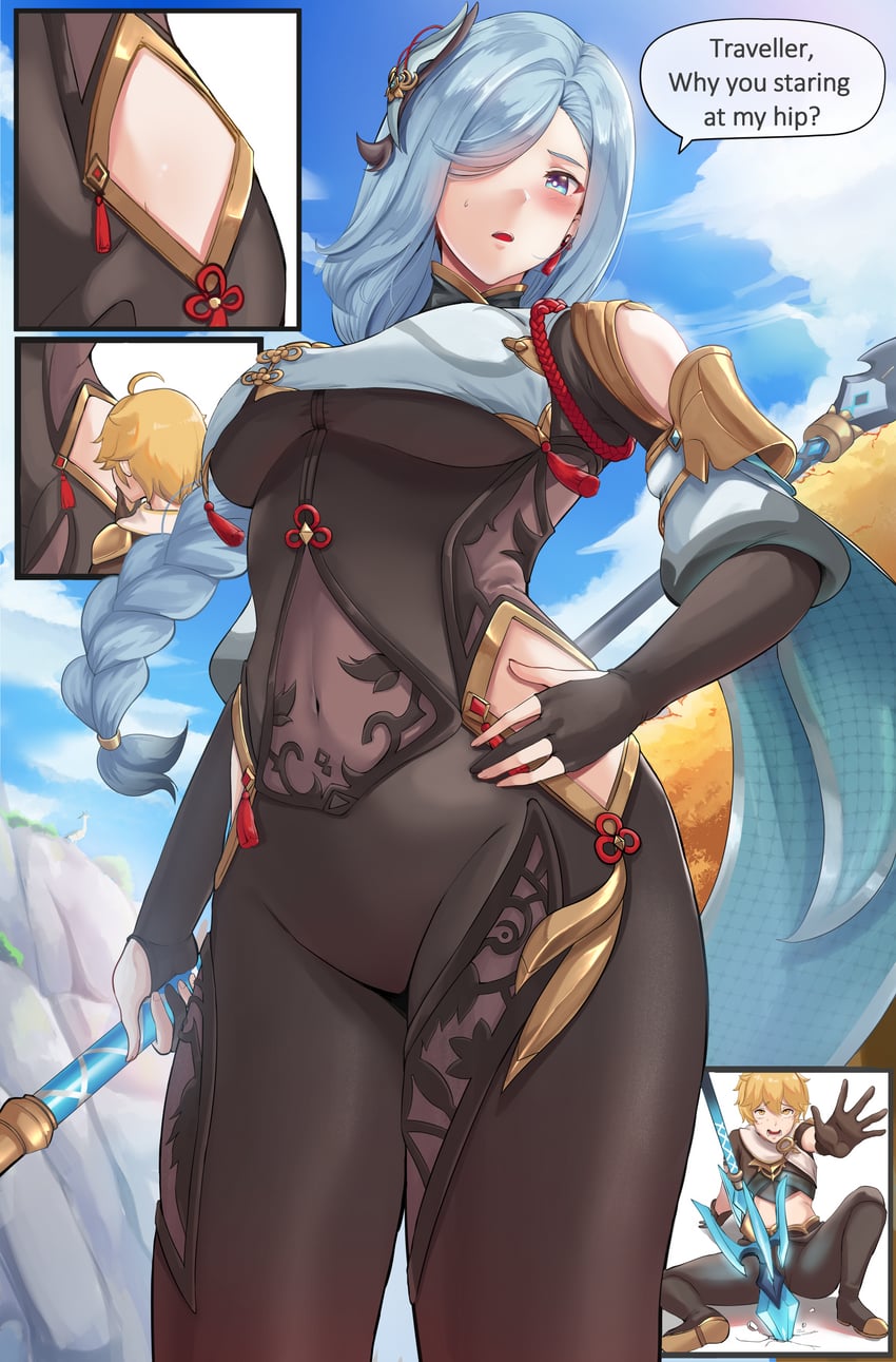 aether (genshin impact), blush, female, genshin impact, milf, razzdrawing, shenhe (genshin impact), thick, thick thighs, thighs, white hair