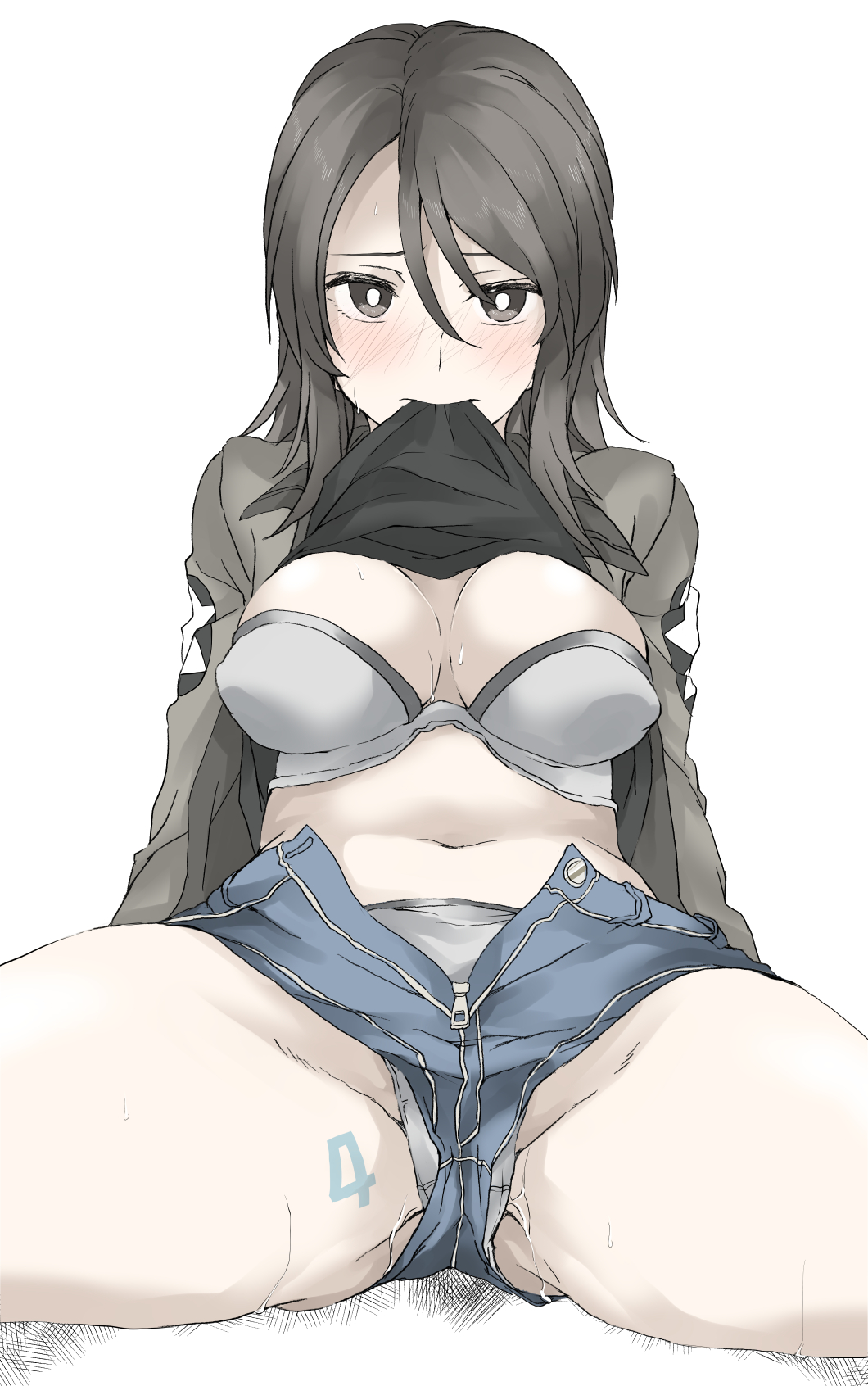 arm_support bangs black_shirt blue_shorts blush body_writing bra breasts bright_pupils brown_eyes brown_hair brown_jacket clothes_lift commentary cosplay crotch_seam denim denim_shorts elf_(stroll_in_the_woods) emblem female female girls_und_panzer grey_bra grey_panties highres jacket kay_(girls_und_panzer) kay_(girls_und_panzer)_(cosplay) leaning_back lifted_by_self long_hair long_sleeves looking_at_viewer medium_breasts micro_shorts mika_(girls_und_panzer) military military_uniform mouth_hold navel no_hat no_headwear open_fly panties pussy_juice saunders_military_uniform shirt shirt_in_mouth shirt_lift shorts simple_background sitting solo spread_legs star_(symbol) sweat textless underwear uniform unzipped