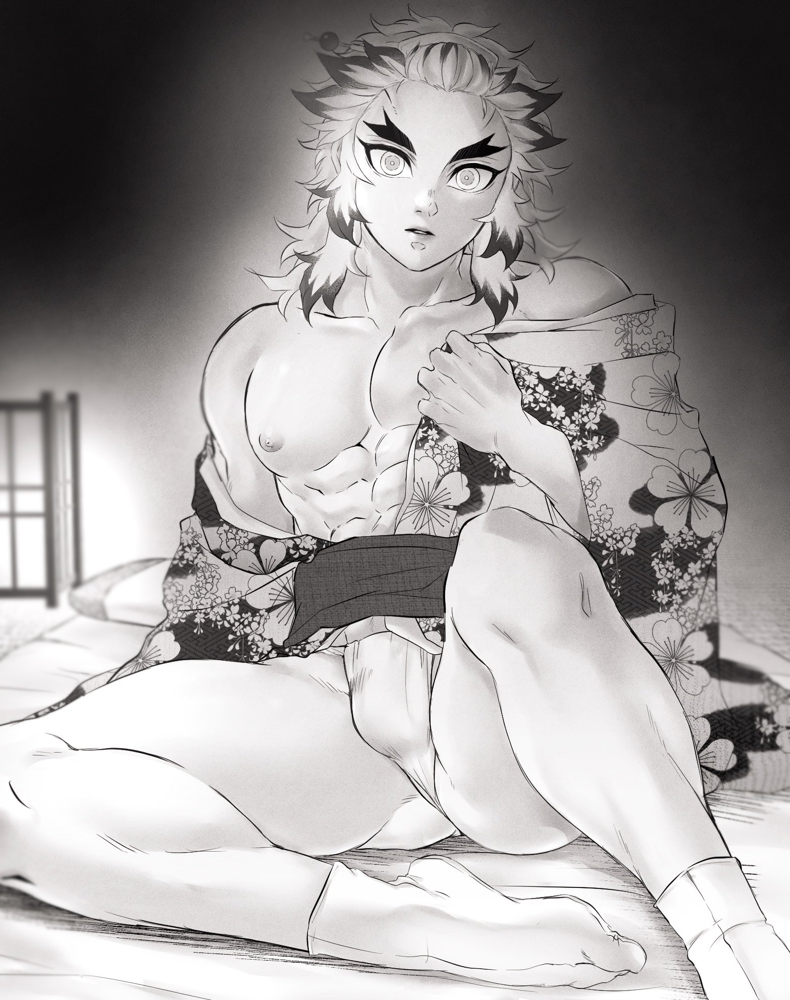 alternate costume, bulge, crossdressing, demon slayer, fundoshi, futon, greyscale, kimetsu no yaiba, kimono, lantern, looking at viewer, male, male only, masculine crossdresser, monochrome, muscular, muscular male, nonciii0510x, off shoulder, open kimono, rengoku kyoujurou, sitting, solo, solo male, tabi, thick eyebrows