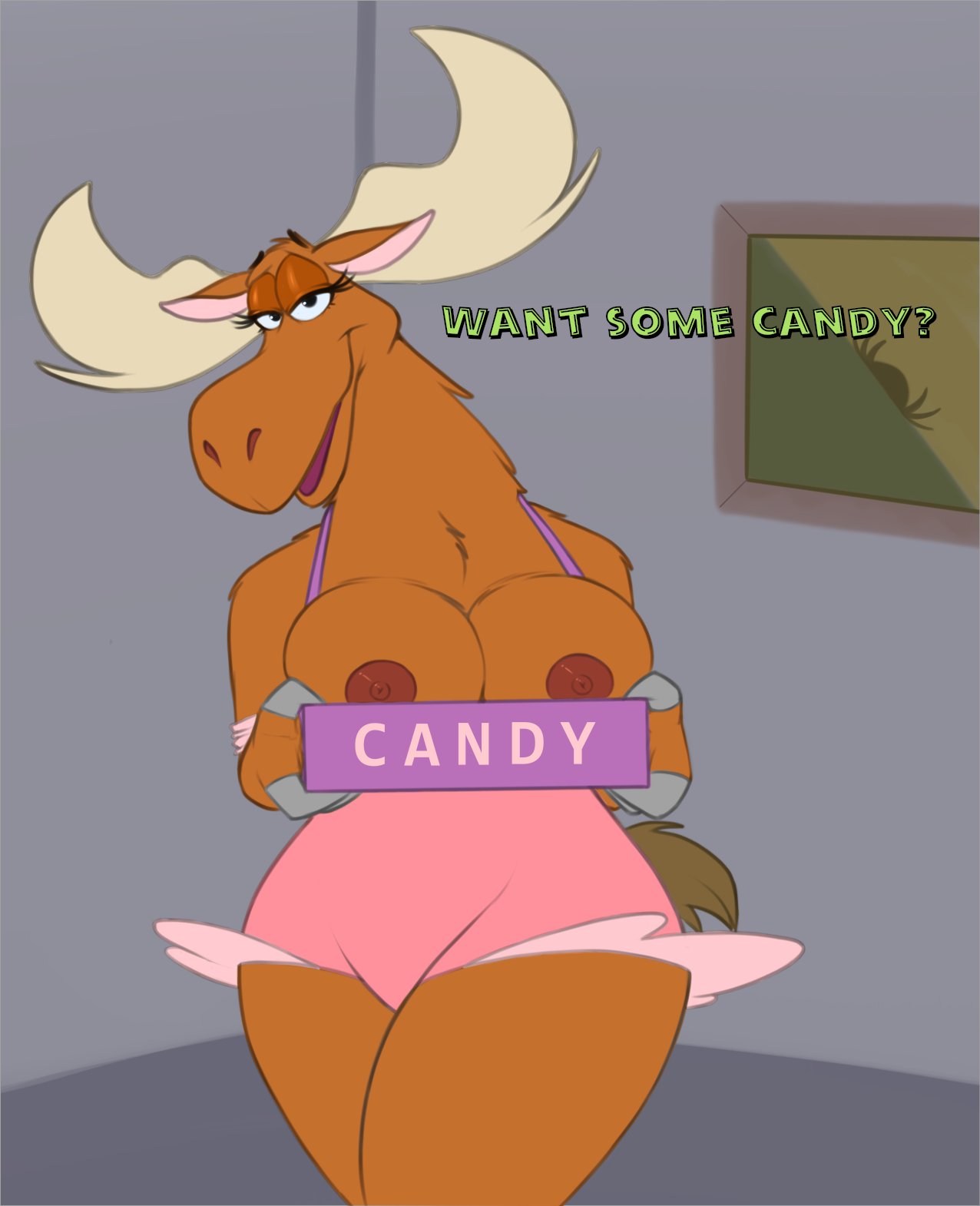 2021 anthro antlers becky_the_moose_(johnny_bravo) billboi breasts candy capreoline cartoon_network cervid dessert dialogue english_text female food half-closed_eyes hi_res hooves horn johnny_bravo_(series) looking_at_viewer mammal moose mostly_clothed narrowed_eyes nipples open_mouth solo text