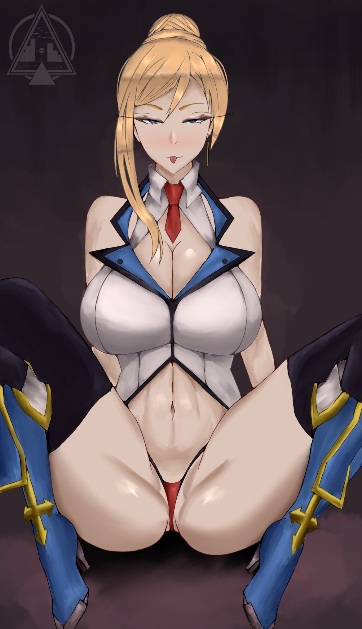 blazblue blazblue_remix_heart blush blushing_at_viewer estella_mckenzie g_string red_panties spread_legs tongue tongue_out