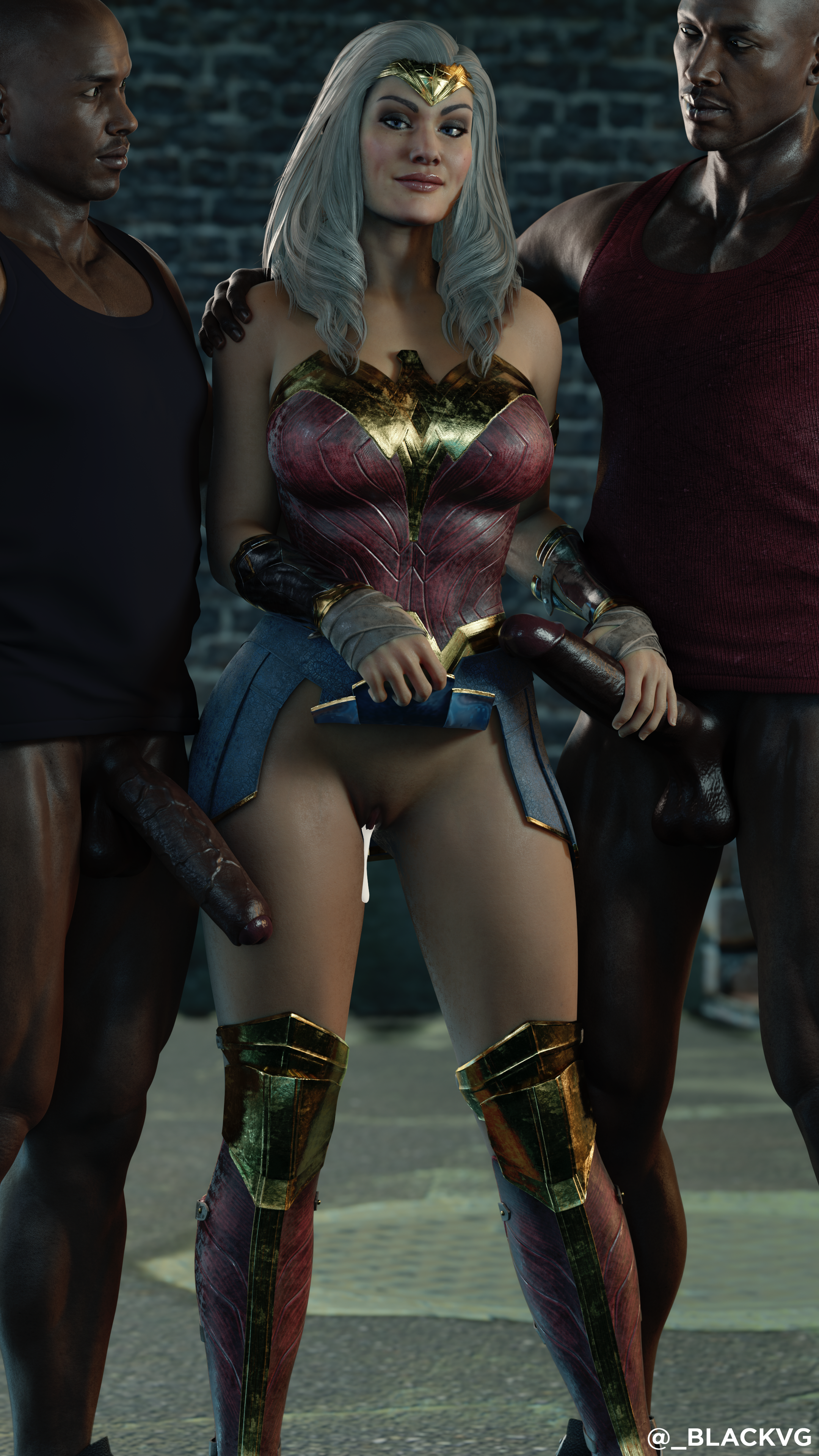 1girls, 2boys, 3d, 3d (artwork), blender, bottomless, bottomless male, cum in pussy, dark skin, dark-skinned male, dc, dc comics, female, female focus, flashing, flashing pussy, grey hair, hand on penis, huge cock, imminent sex, injustice 2, interracial, lifting skirt, light skin, light-skinned female, looking at viewer, male, missed call, mmf threesome, pale skin, pale-skinned female, penis, penis out, pussy, vein, veins, veiny penis, wonder woman, wonder woman (series)