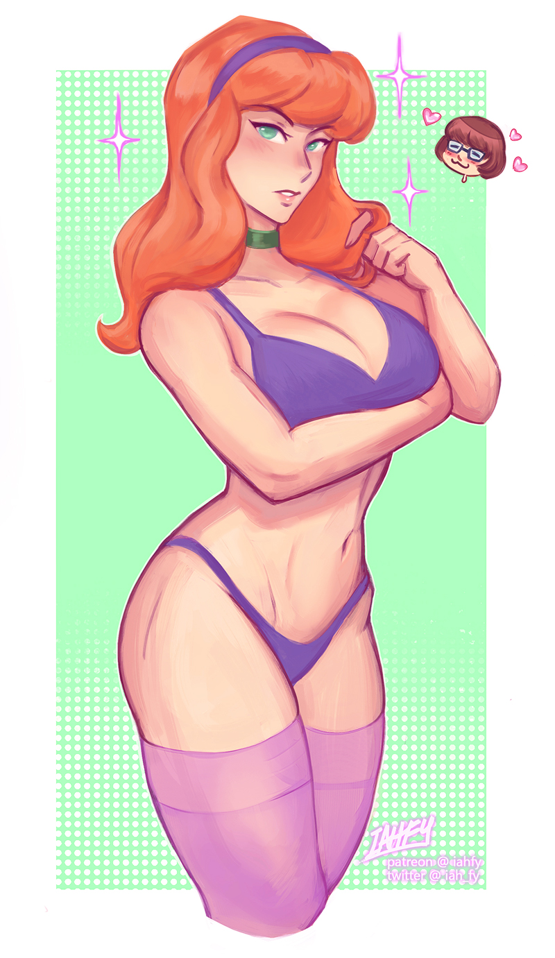 2girls, bra, breasts, choker, cleavage, daphne blake, female, female only, fit, fit female, green eyes, hanna-barbera, iahfy, large breasts, long hair, looking at viewer, multiple females, multiple girls, panties, red hair, scooby-doo, signature, solo, solo focus, text, thighhighs, underwear, velma dinkley