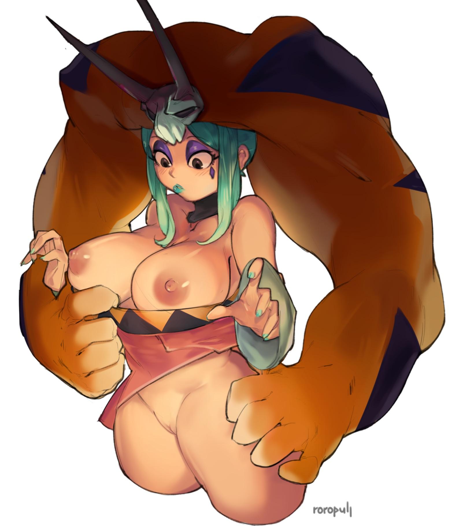 1girls, big breasts, black eyes, blush, breasts, cerebella, concerned, dark skin, dark-skinned female, female, green hair, green lipstick, green nails, purple eyeshadow, roropull, skullgirls, solo, solo female, tattoo, vice-versa