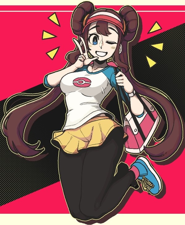 bag blue_eyes brown_hair clothed clothing fully_clothed game_freak long_hair nintendo one_eye_closed pants peace_sign peppy pokemon posing powtaytow3333 rosa_(pokemon) shoes solo solo_female v