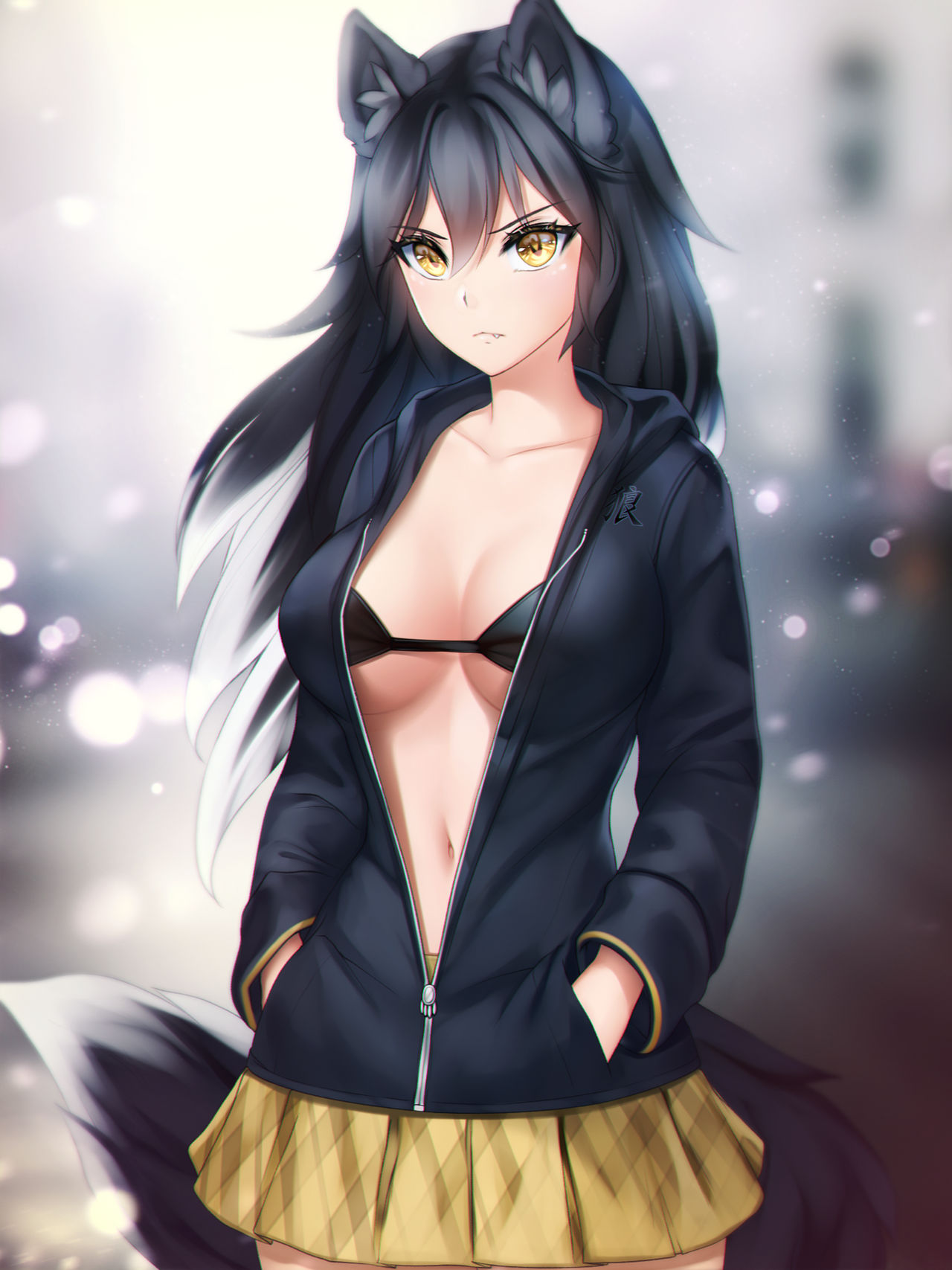 big_breasts black_hair female female_focus female_only gigamessy hands_in_pockets hoodie oc original_character short_skirt solo tagme unzipped unzipped_jacket white_highlights wolf_ears wolf_girl wolf_tail yellow_eyes