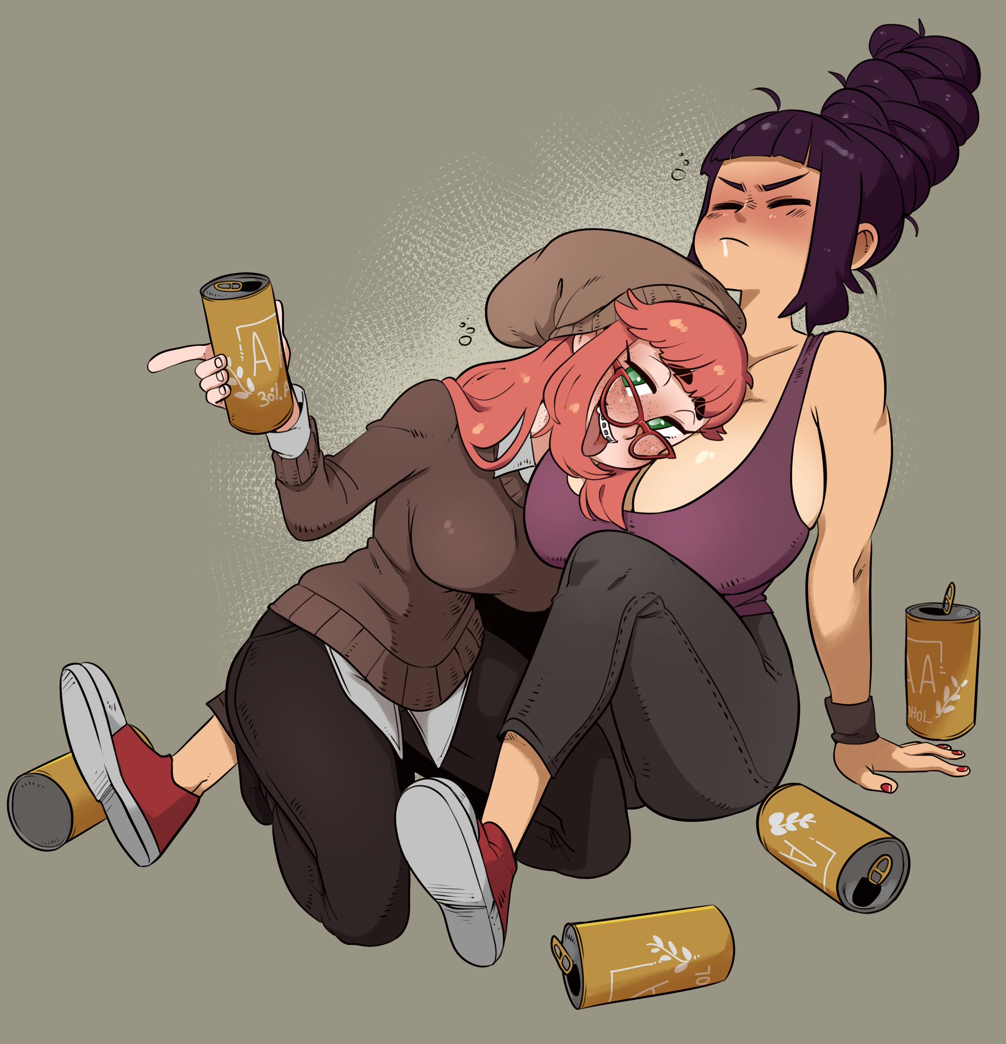 2girls, beanie, beehive hairdo, beer, beer can, big breasts, blush, breasts, command grab, cosmica (nuclearwasabi), drunk, face in breasts, female, female only, freckles, glasses, hat, head on breasts, huge breasts, large breasts, light skin, light-skinned female, multiple females, multiple girls, nuclearwasabi, purple hair, red hair, tagme, tied hair, tongue, tongue out, yuri