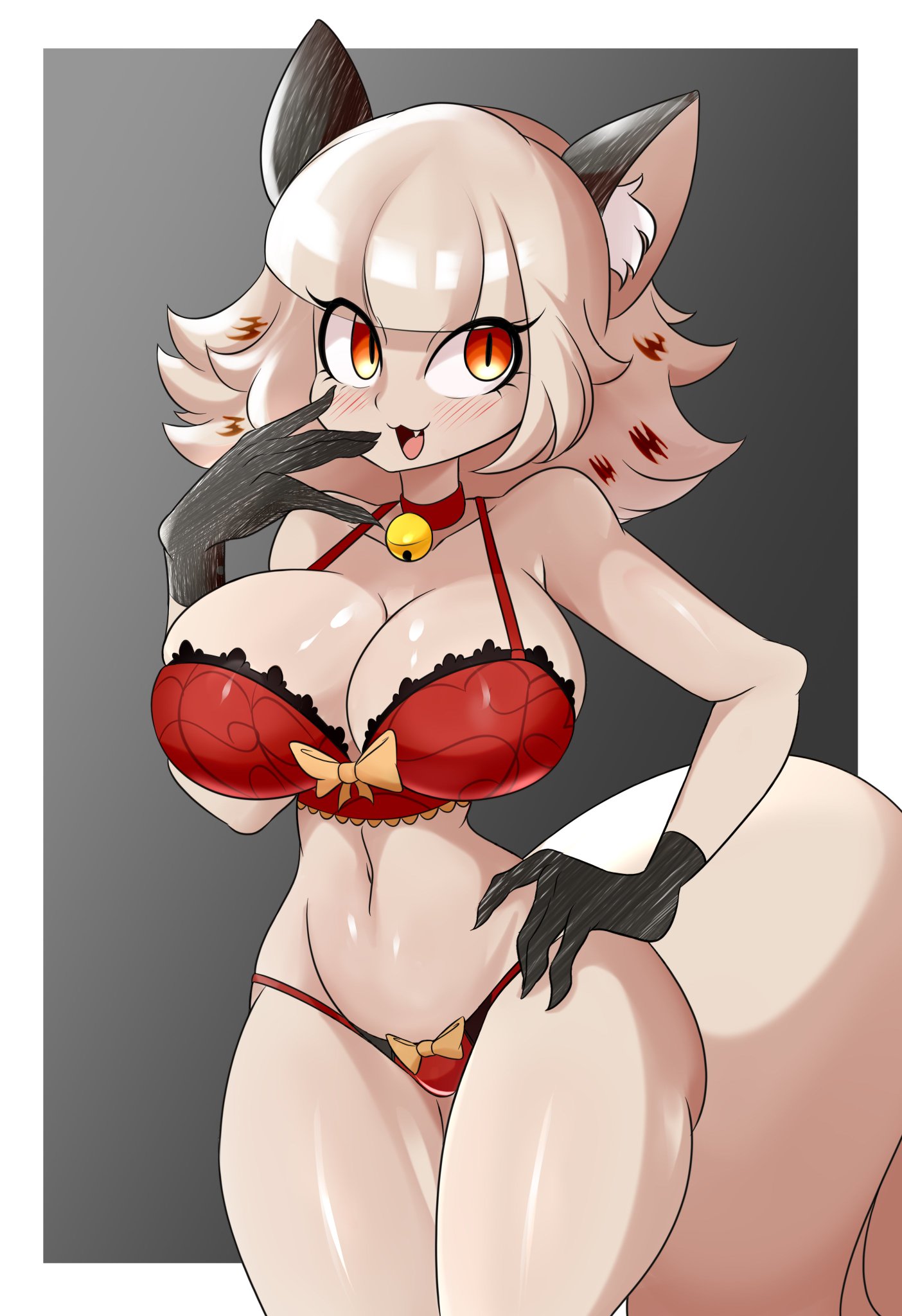 :3, 1girls, big breasts, breasts, catmaid (dizzyspells), cleavage, cute, female, female focus, female only, furry, grey background, looking at viewer, lucyfercomic, original, original character, simple background, smile, solo female, solo focus, tagme, thick thighs, thighs, white background