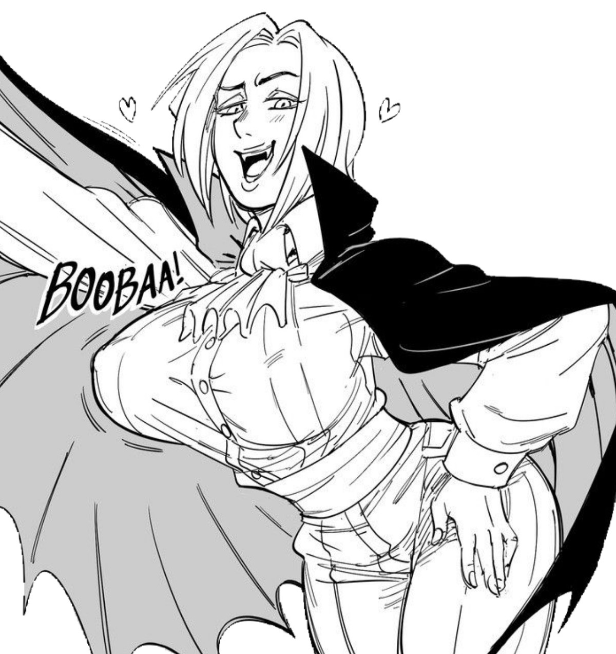 1girls, arms up, ass, bb (baalbuddy), big ass, big breasts, black and white, breasts, busty, cape, clothed, clothing, curvy, curvy figure, edit, erect nipples, european mythology, fangs, female, huge breasts, legs together, looking at viewer, monster girl, mythology, nipple bulge, nipples, open mouth, public domain, smile, tagme, text, thick thighs, vampire