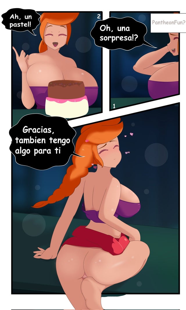 3_panel_comic amber_(brawl_stars) ass bradleyfun? brawl_stars breasts cake chocolate_cake cleavage comic huge_breasts no_panties skirt_lift spanish_dialogue spanish_text speech_bubble supercell talking_to_viewer twitter