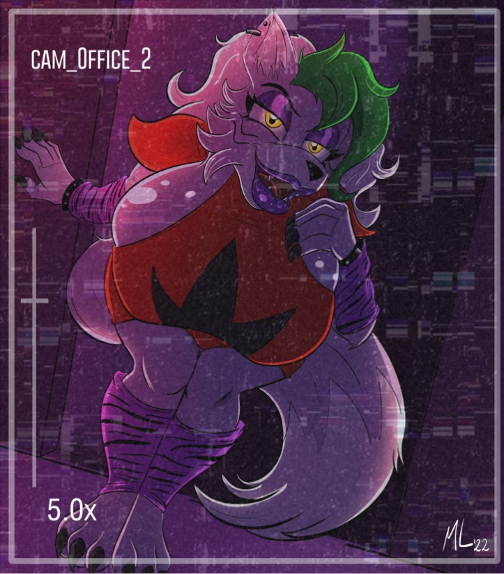 1girls, alternate version available, ameizing lewds, animatronic, anthro, big breasts, bracelet, breasts, busty, camera view, canid, canine, canis, collar, ear, ear piercing, ear ring, earrings, eyebrows, eyelashes, eyes, eyeshadow, face markings, female, female anthro, five nights at freddy's, five nights at freddy's: security breach, fur, furry, furry tail, gloves, green hair, grey fur, hips, hourglass figure, humanoid, hyper, hyper breasts, jewelry, large breasts, legs, long hair, mammal, midriff, multicolored hair, piercing, purple body, purple fur, rockstar, roxanne wolf (fnaf), sharp teeth, solo, steel wool studios, stomach, tail, teeth, thighs, voluptuous, white hair, wide hips, wolf, wolf ears, wolf humanoid, wolf tail, yellow eyes