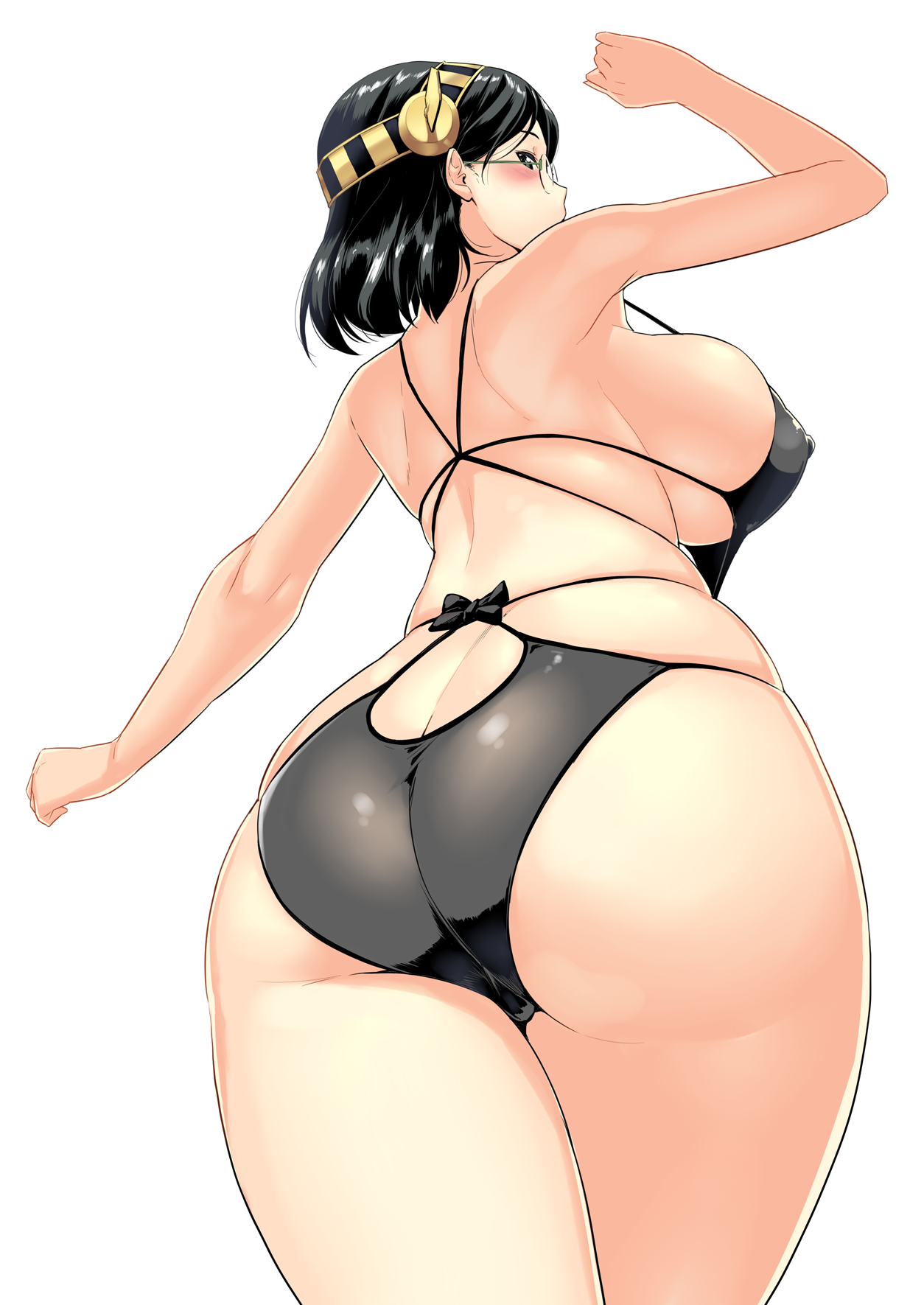 ass, bikini, black bikini, black eyes, black hair, blush, breasts, female, from behind, from below, glasses, hakai shin, highres, huge ass, huge breasts, kantai collection, kirishima (kantai collection), looking at viewer, looking back, short hair, sideboob, skindentation, solo, swimsuit, thick thighs, thighs, wide hips