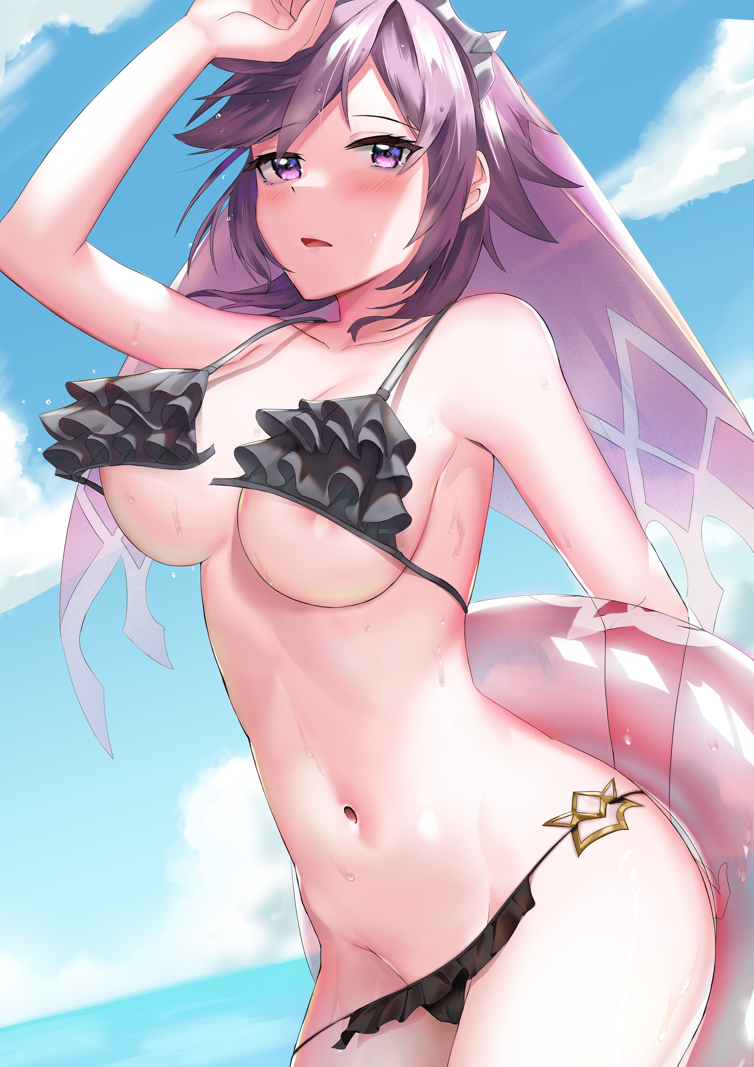 absurdres, areola slip, areolae, arm behind back, arm up, bangs, bare shoulders, bikini, bikini bottom pull, black bikini, blue sky, blush, breasts, cleavage, cloud, collarbone, cowboy shot, day, english commentary, eyebrows visible through hair, female, genshin impact, groin, hair between eyes, hair ornament, highres, holding, holding innertube, innertube, large breasts, looking at viewer, midriff, navel, ocean, outdoors, parted lips, purple eyes, purple hair, rosaria (genshin impact), sidelocks, skai kun, sky, solo, standing, sweat, swept bangs, swimsuit, tiara, underboob, untied, untied bikini, veil, wardrobe malfunction
