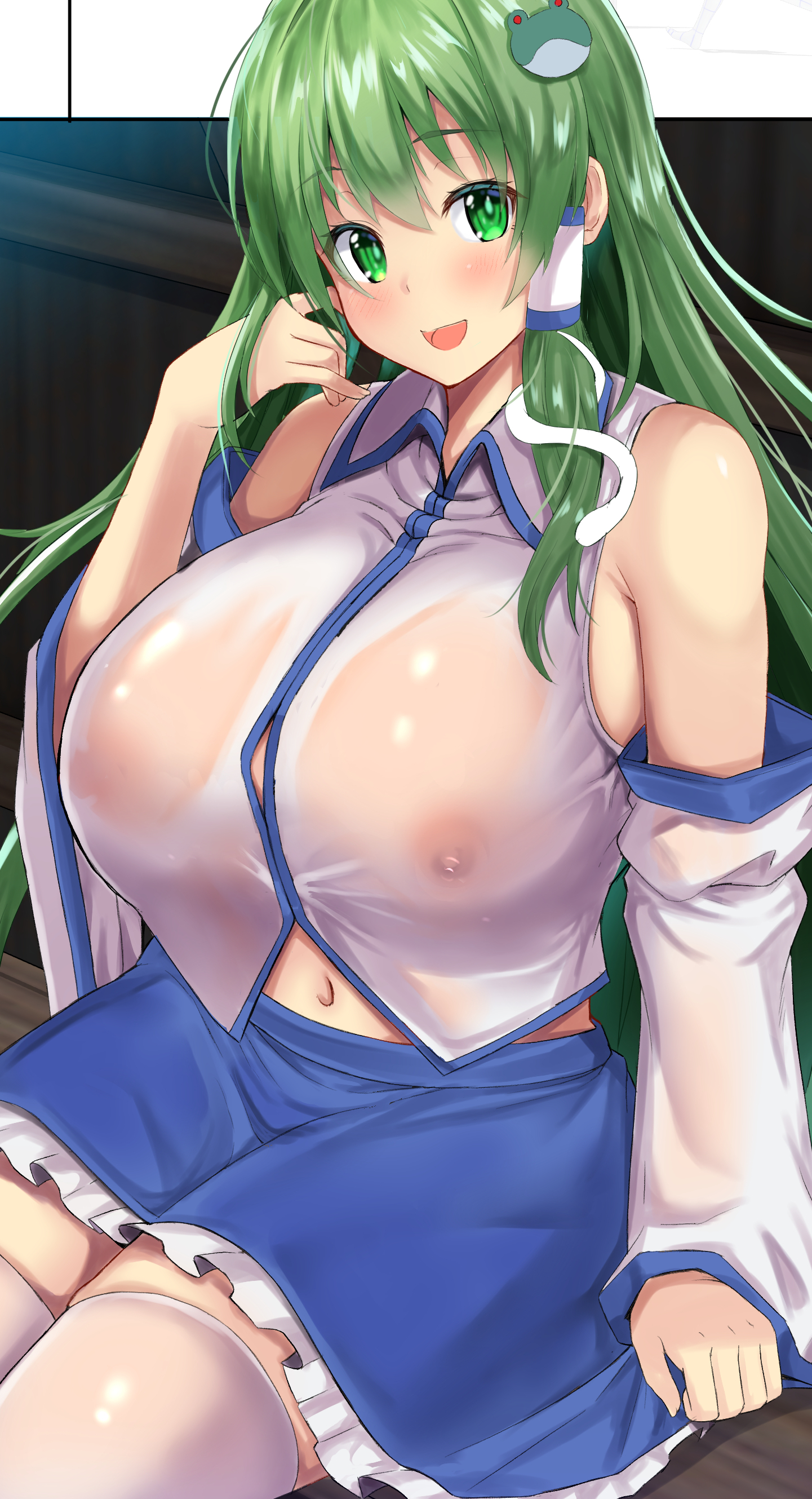 :d, absurdres, blue skirt, blush, breasts, collared shirt, detached sleeves, ebi 193, eyebrows visible through hair, female, frilled skirt, frills, frog hair ornament, green eyes, green hair, hair ornament, hair tubes, hand in hair, highres, huge breasts, long hair, looking at viewer, navel, nipples, nontraditional miko, open mouth, sanae kochiya, see-through, shirt, sitting, skirt, smile, snake hair ornament, solo, thighhighs, touhou, wet clothes, white legwear, white shirt, wide sleeves