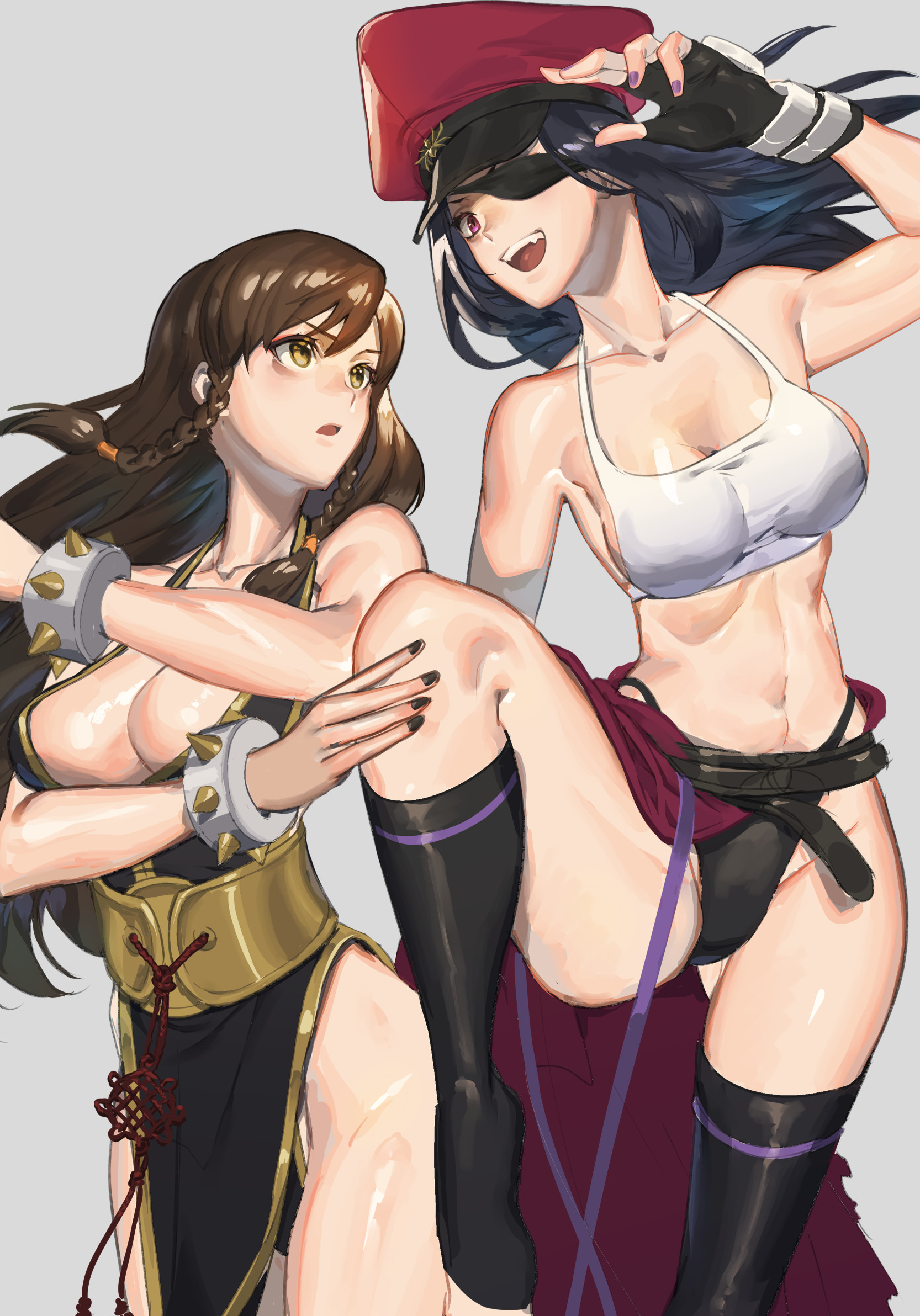 2girls, alternate color, alternate costume, alternate outfit, bare legs, bikini, black bikini, black nail polish, braid, braided hair, breasts, brown hair, capcom, chinese clothes, chun-li, chun-li (battle ouffit sfv), dark blue hair, dress, evil grin, evil smile, eye patch, female, female only, fighting stance, gloves, hat, juri han, leotard, long hair, looking at another, medium breasts, micro bikini, midriff, nail polish, open mouth, purple eyes, purple nail polish, short shirt, simple background, standing, street fighter, street fighter v, surprised, tanakalma, thick thighs